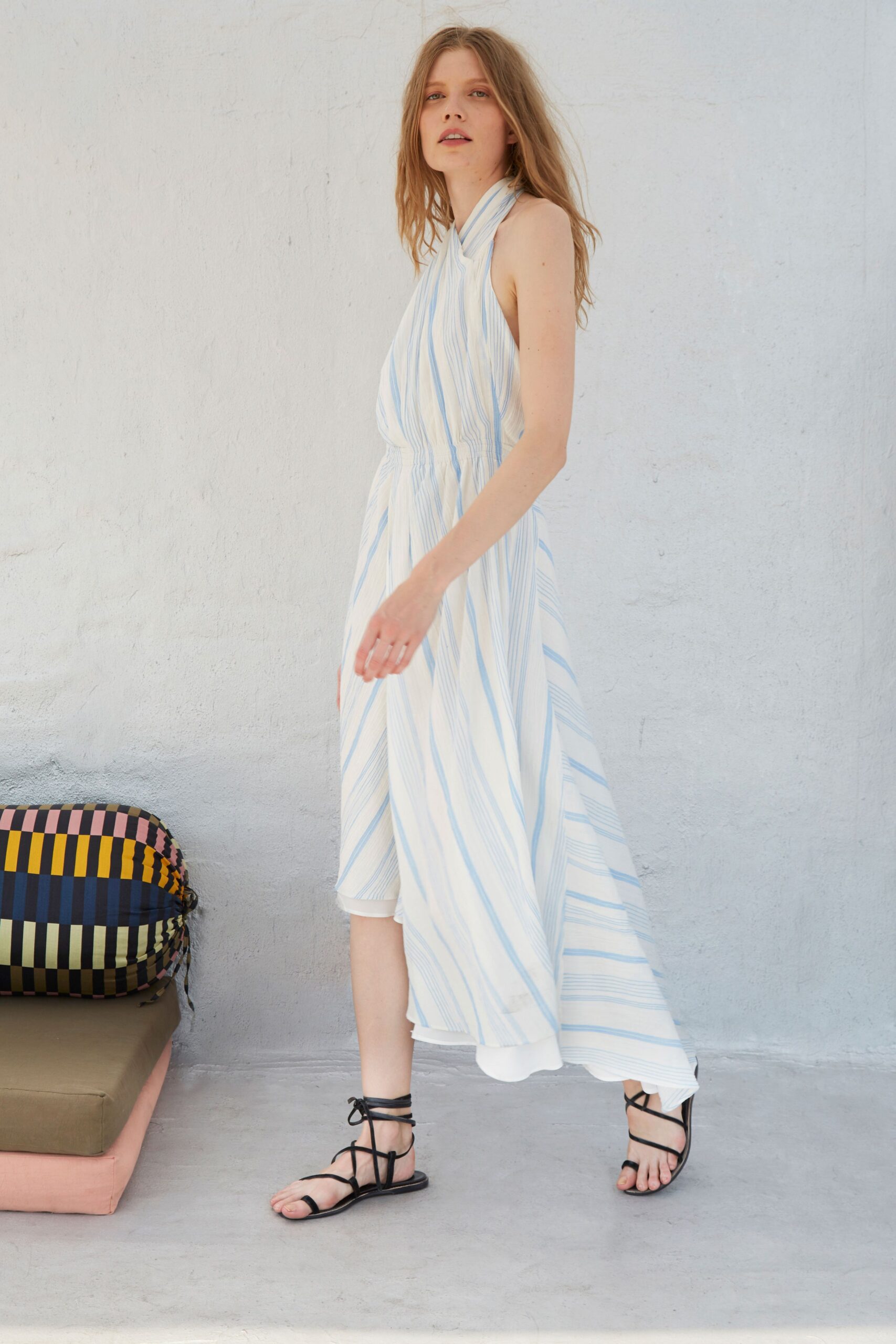 striped midi dress with strappy shoes