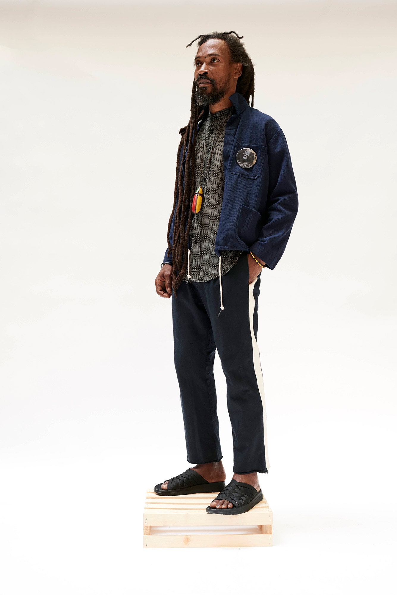 blue relaxed jacket gray shirt