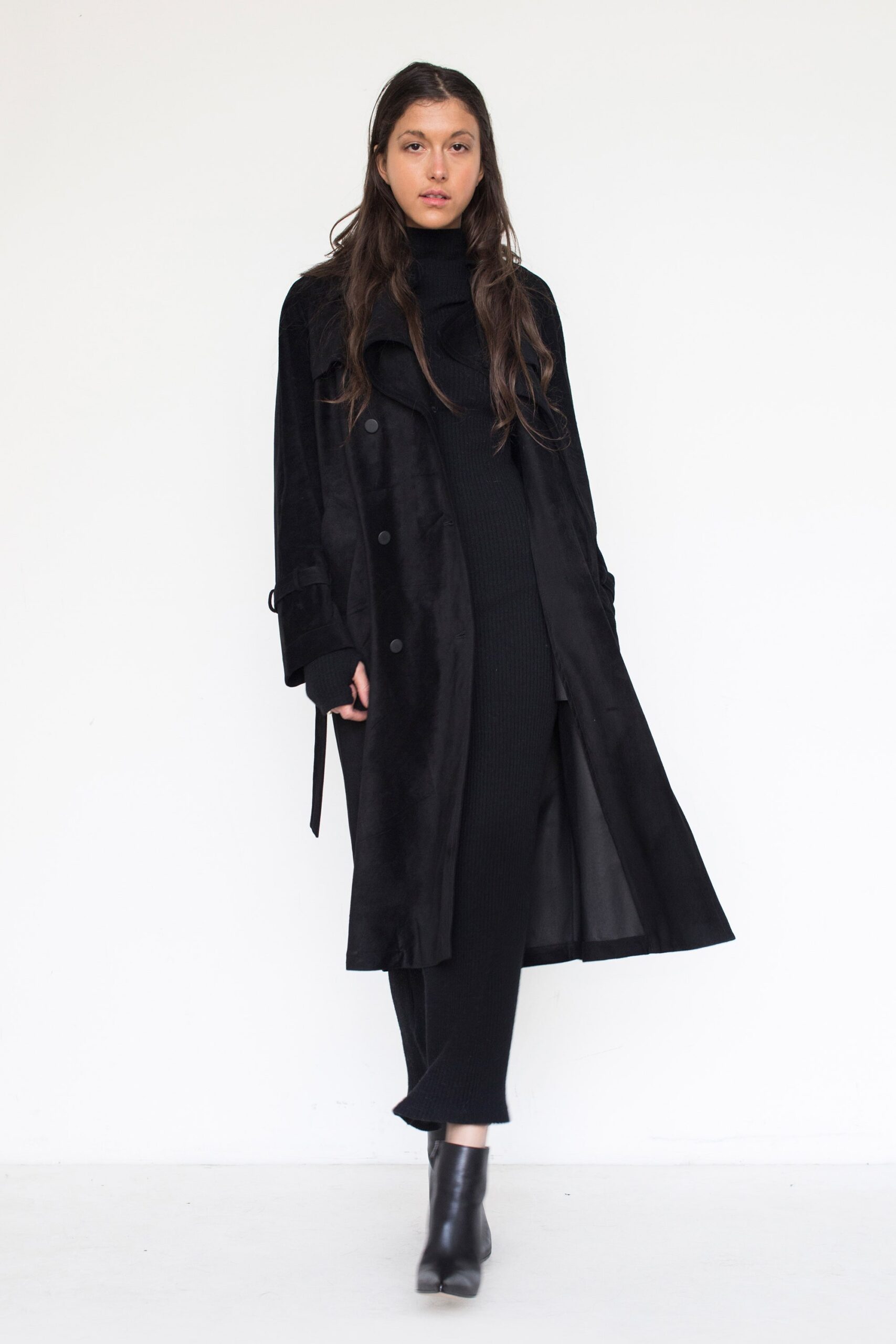 black suede long-sleeve collared relaxed belted coat