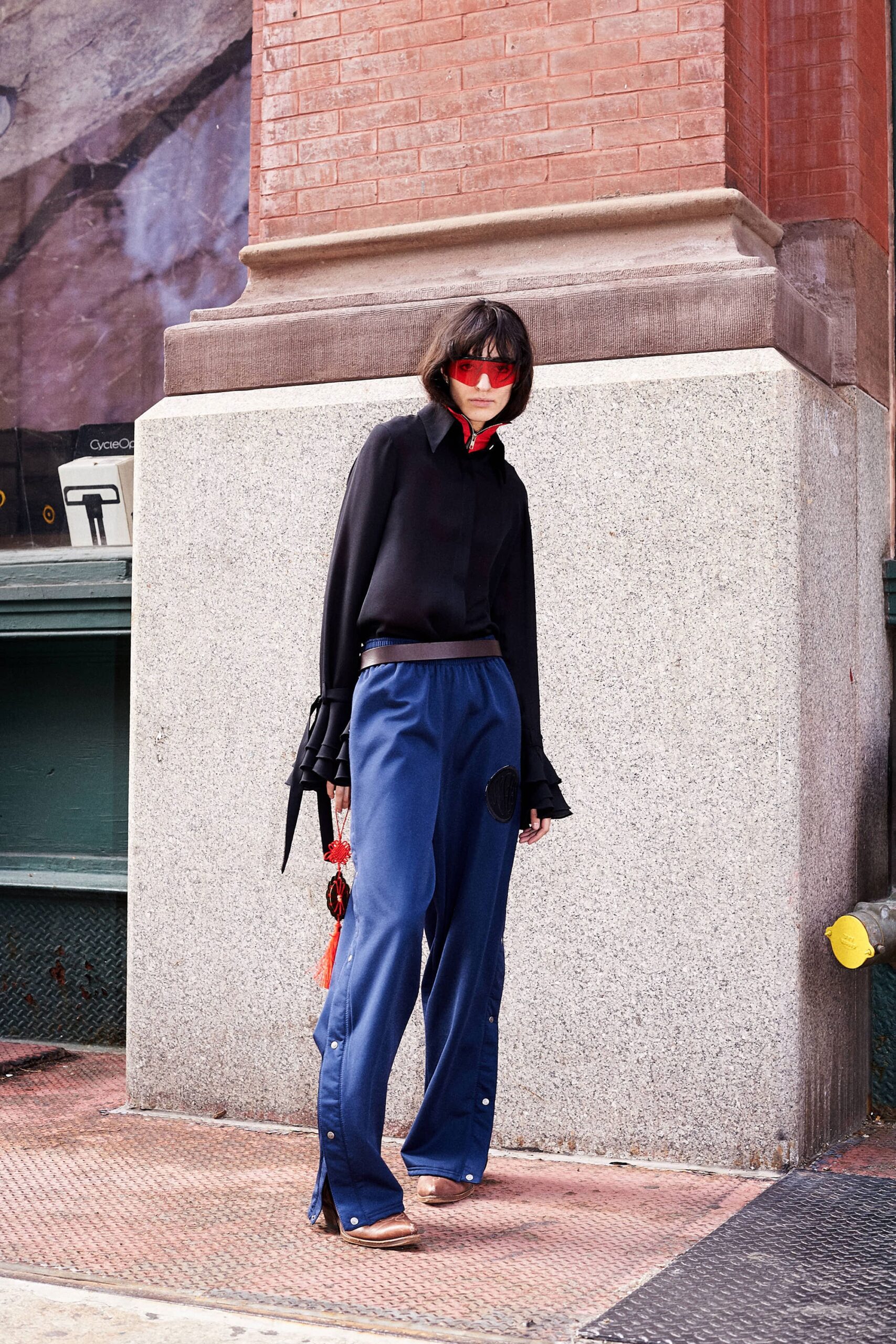 blue cotton slit relaxed wide-leg pants
