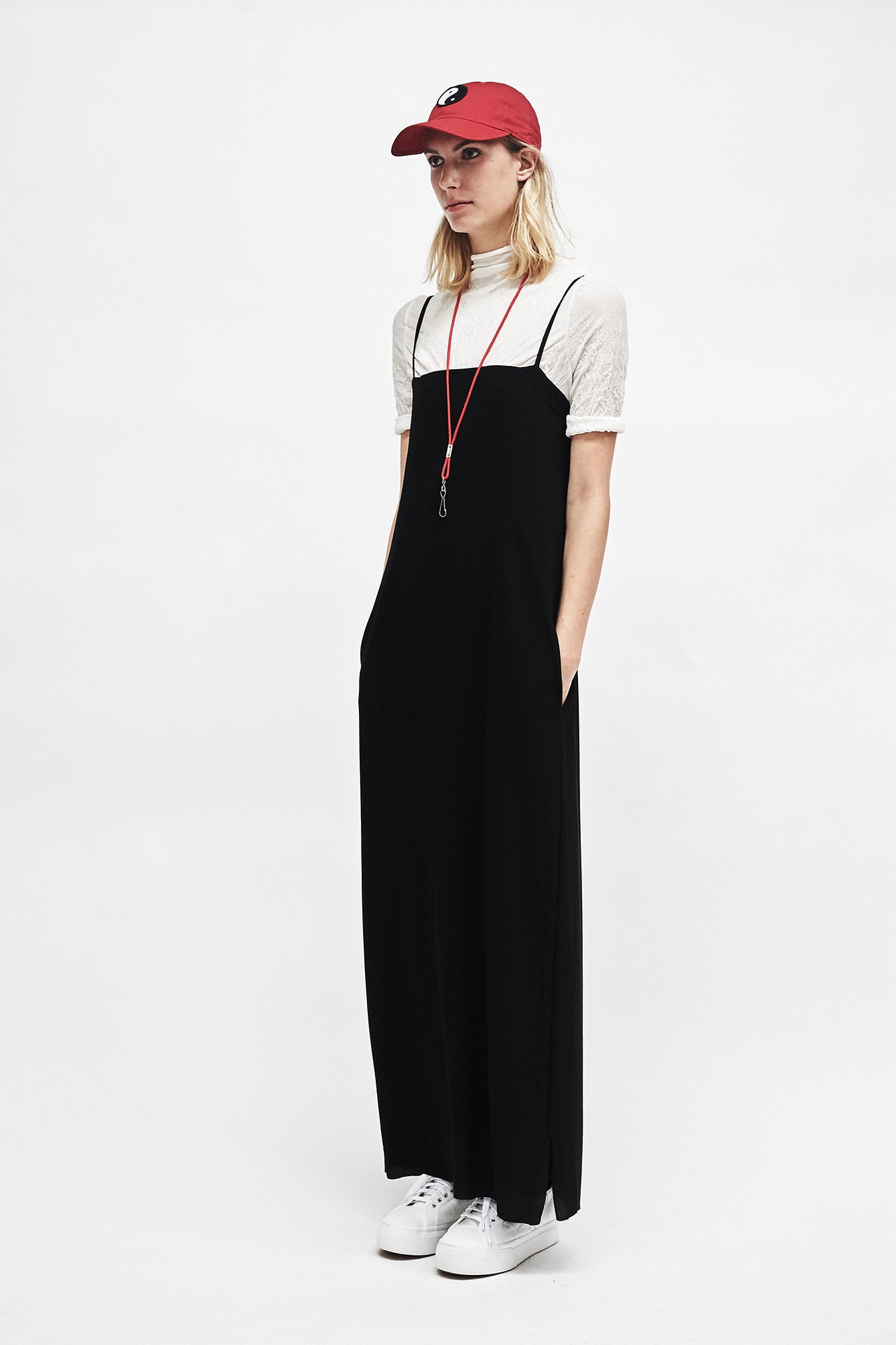 black cotton sleeveless high-neck relaxed straight-leg pockets dress