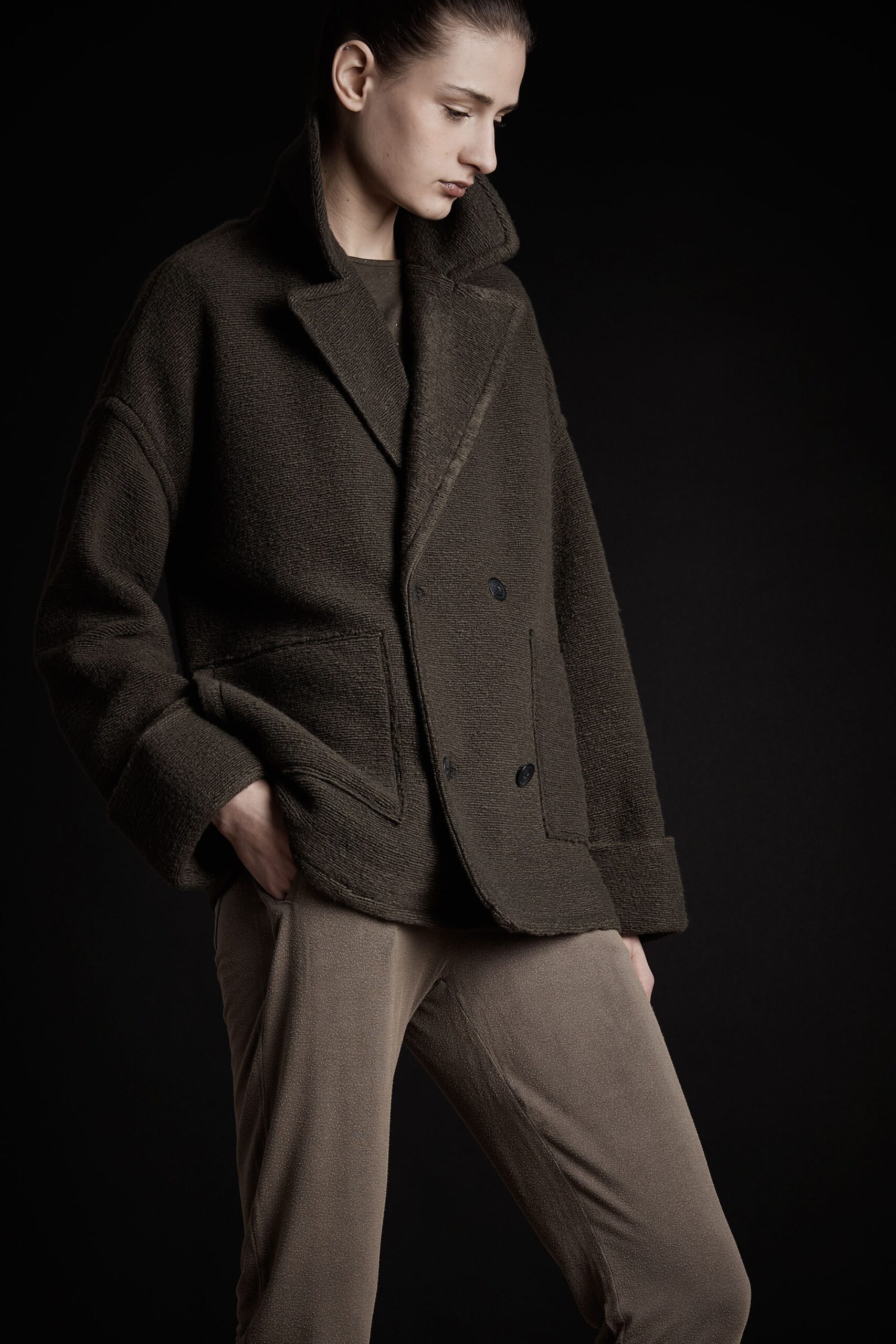 brown wool long-sleeve collared oversized buttoned jacket
