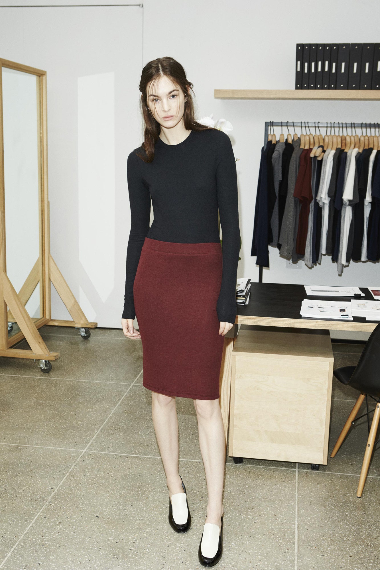 black fitted top and red pencil skirt