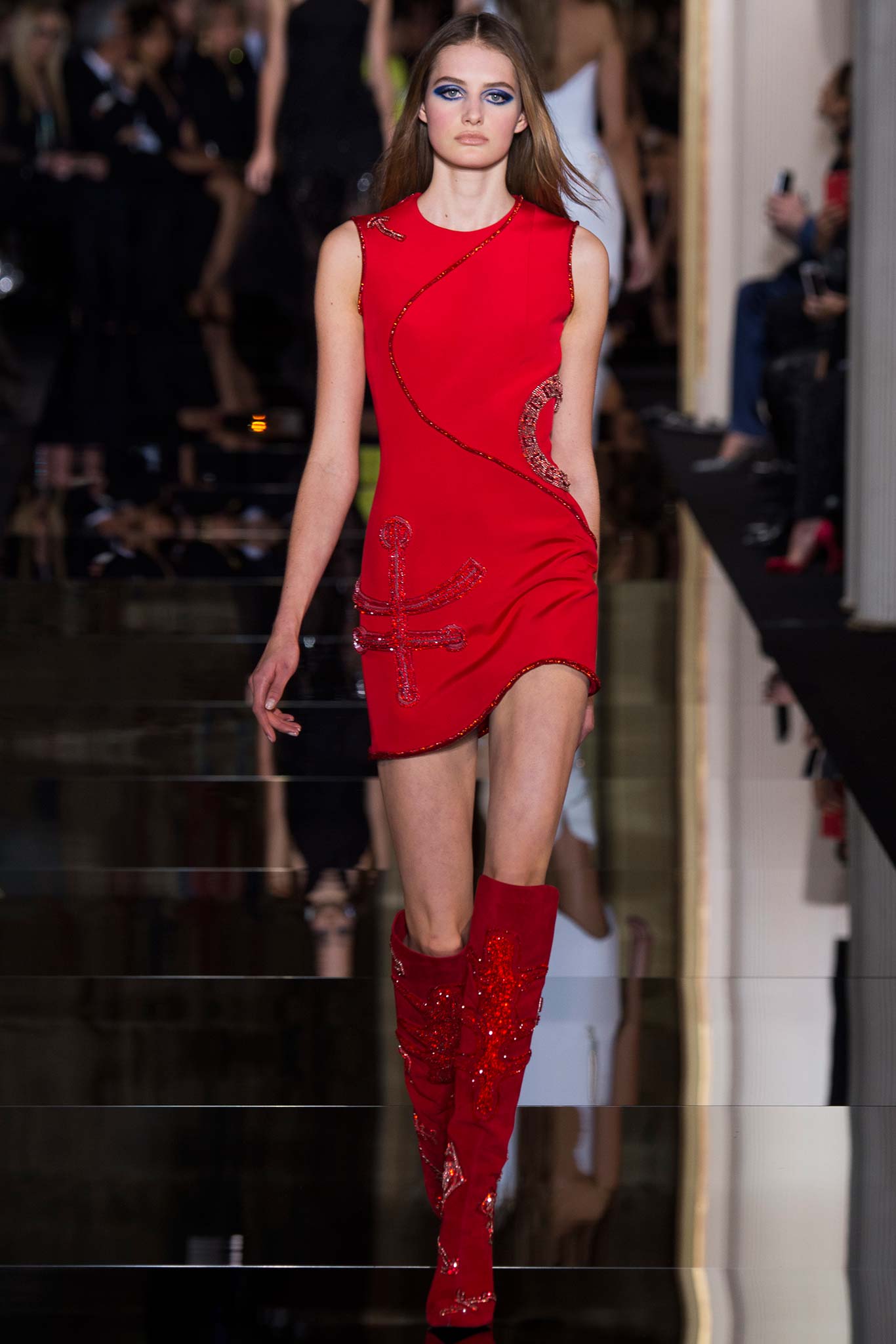 red silk sleeveless high-neck fitted embroidered mini mini-dress