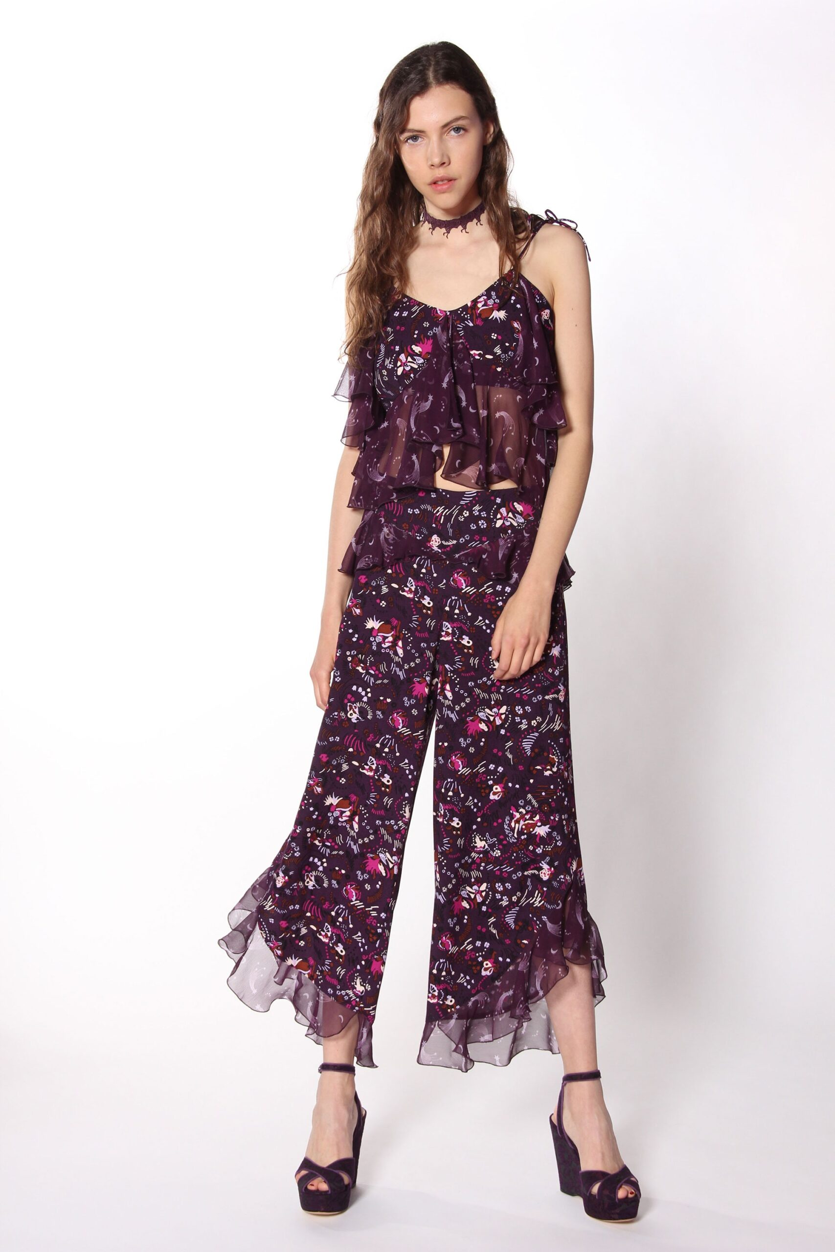 purple chiffon relaxed flared flowing pants