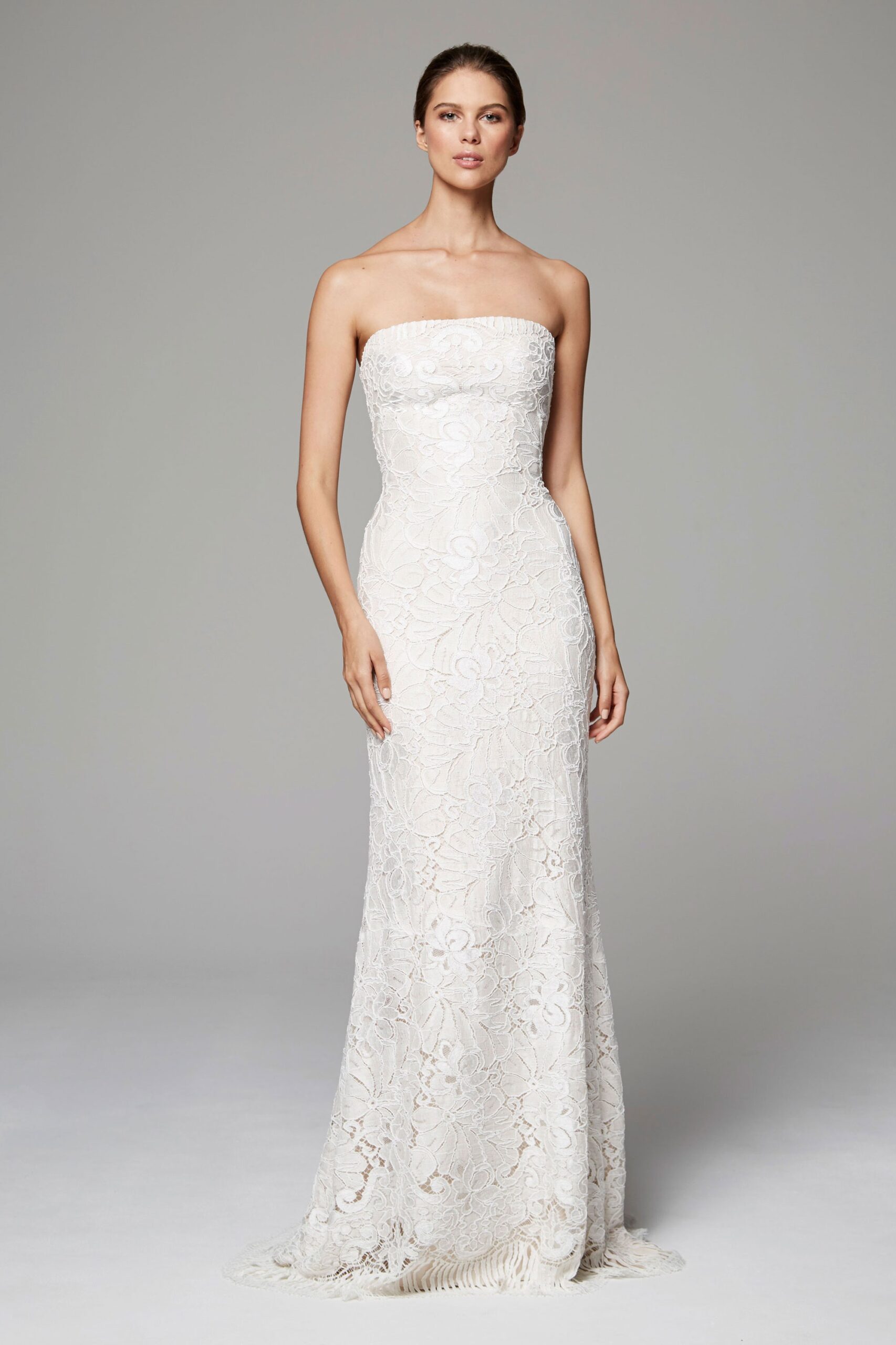 white lace strapless gown
