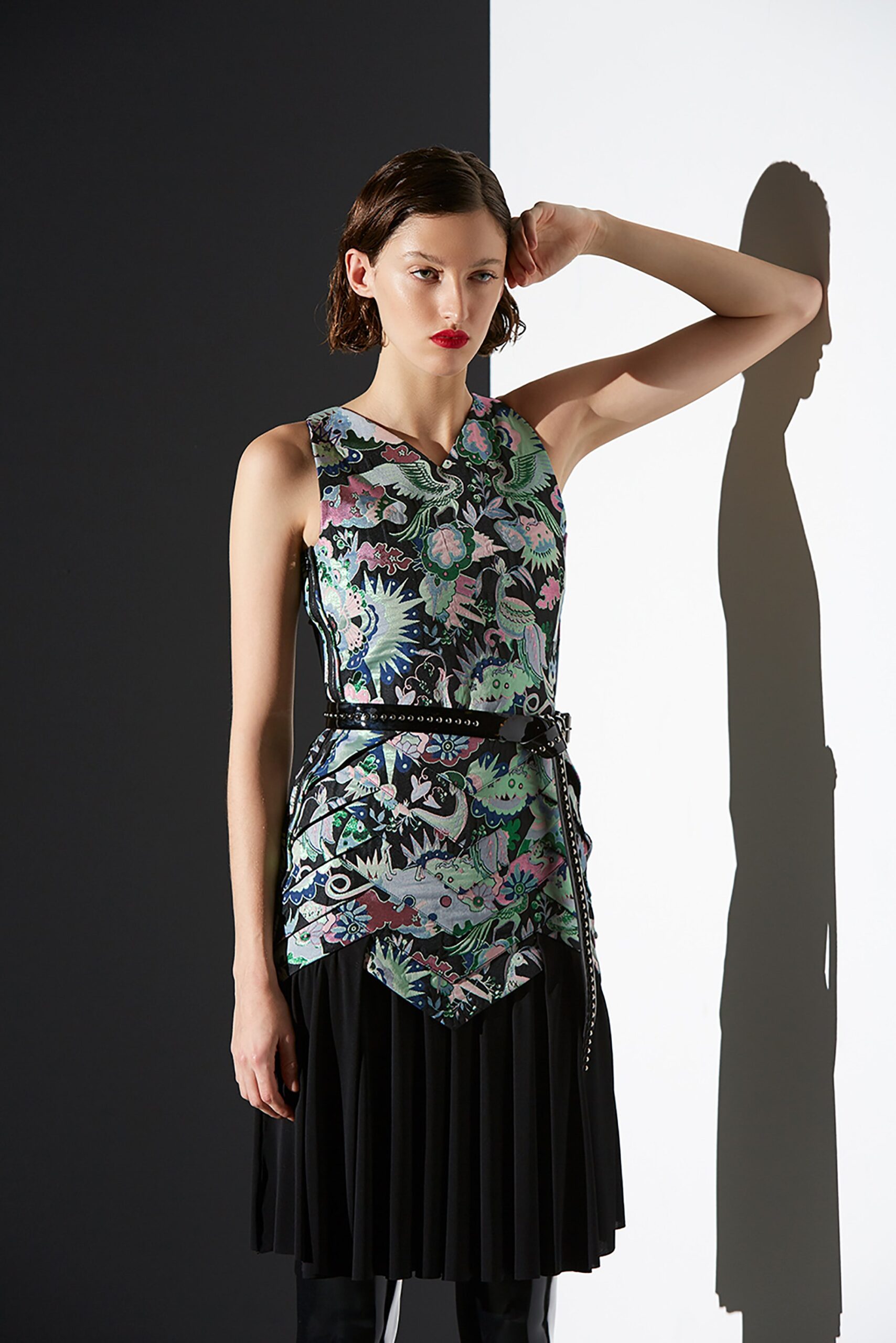 multi silk sleeveless v-neck fitted flared top