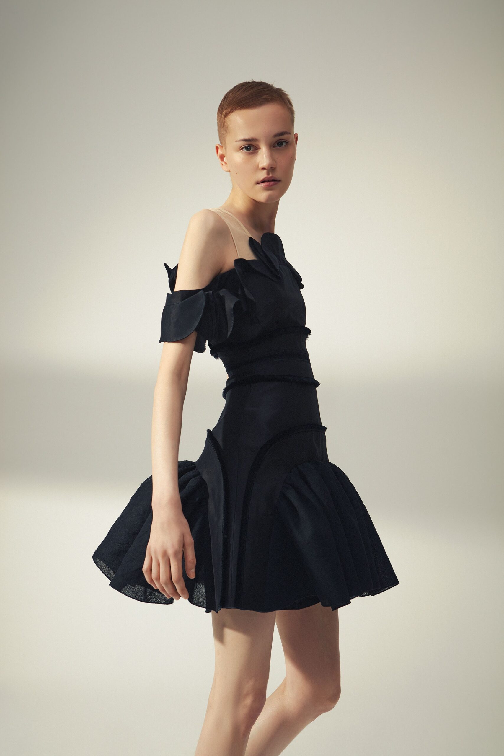 black silk off-shoulder dress