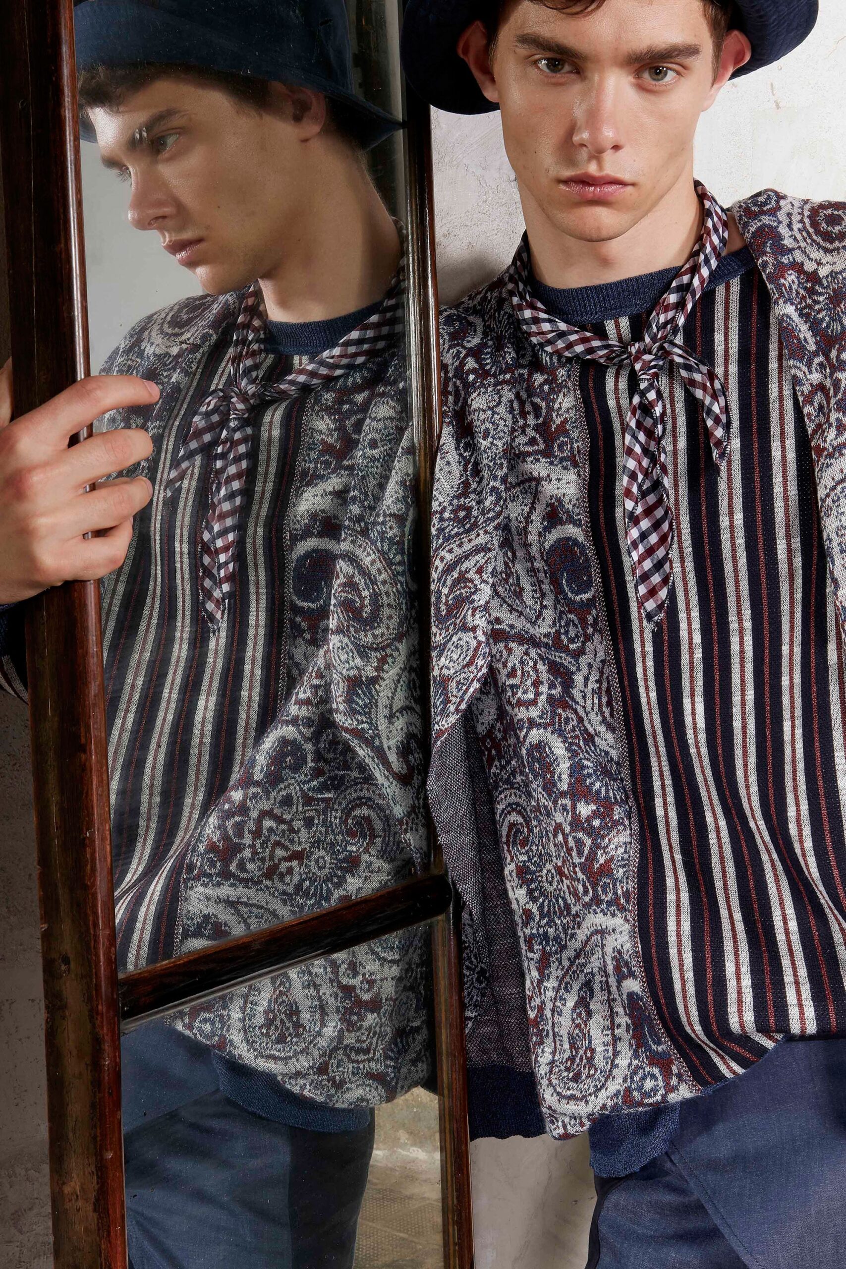 blue cotton long-sleeve collared structured layered jacket