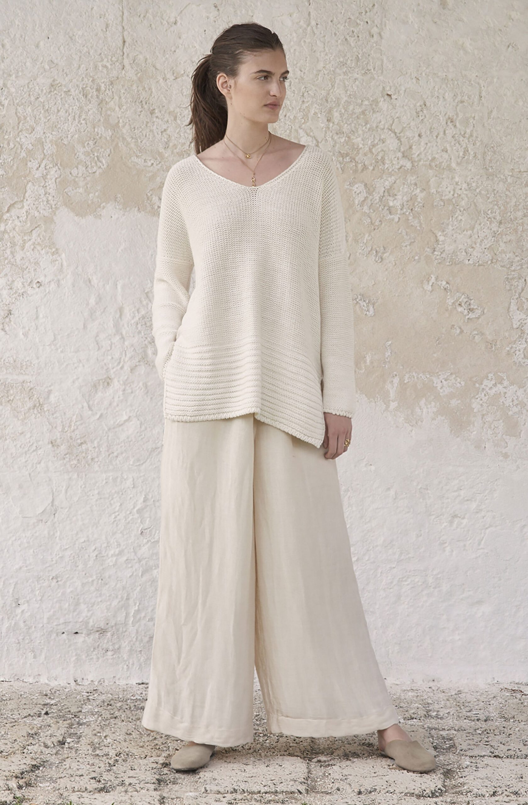 beige linen relaxed wide-leg pants