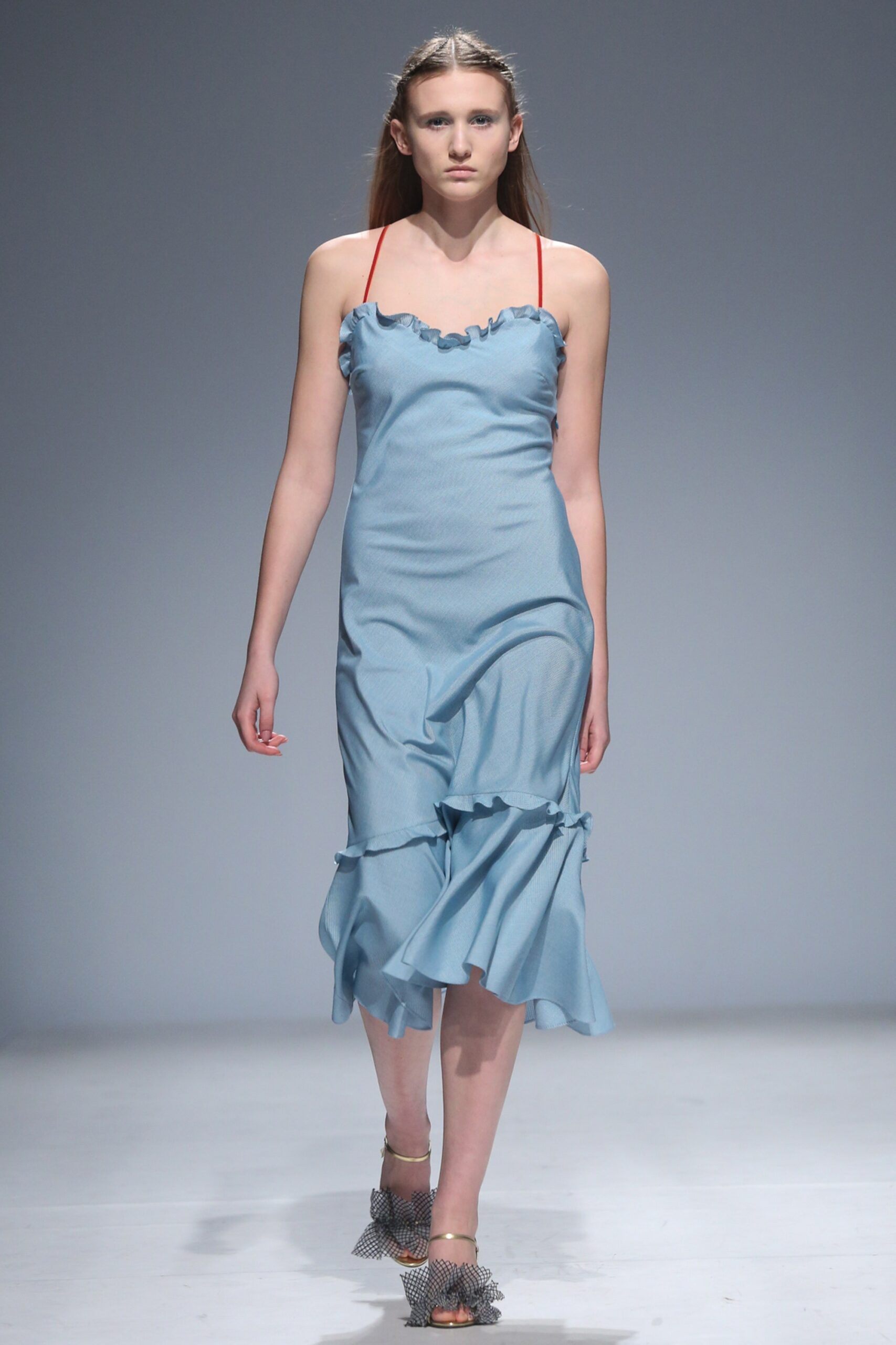 fitted blue silk ruffled dress
