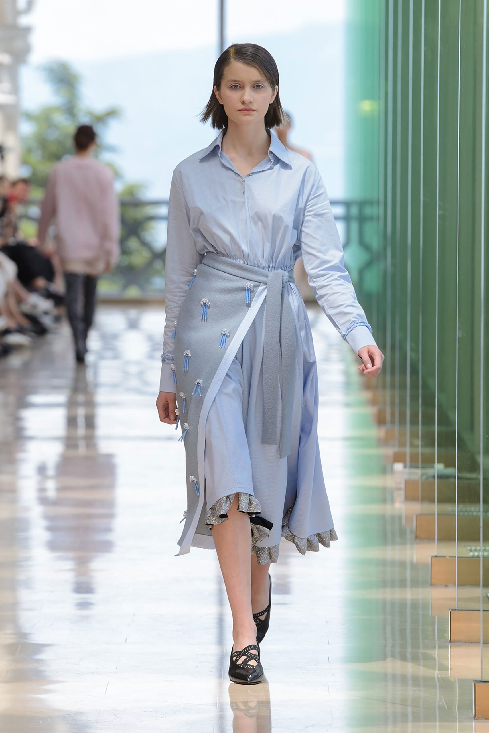 blue belted embroidered dress