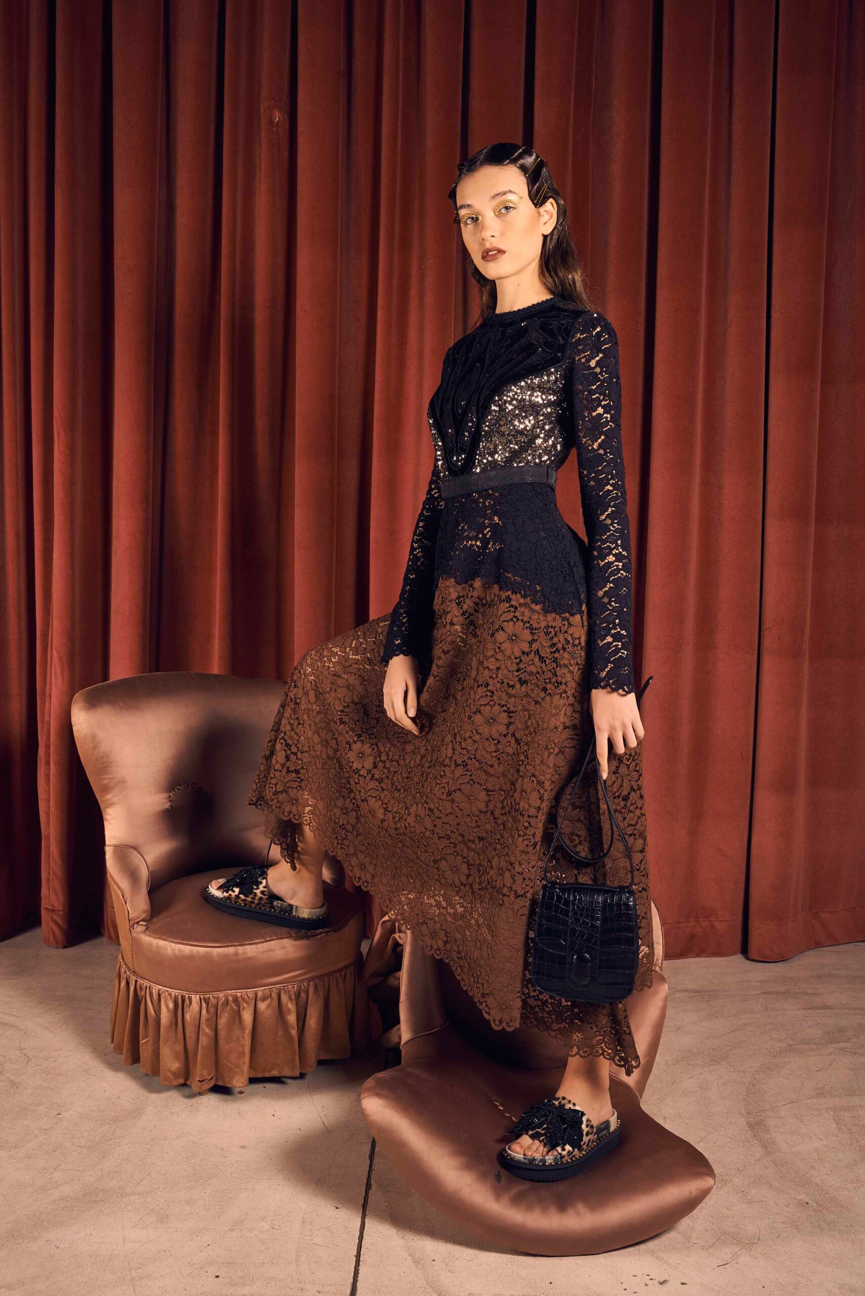 black and brown lace midi dress
