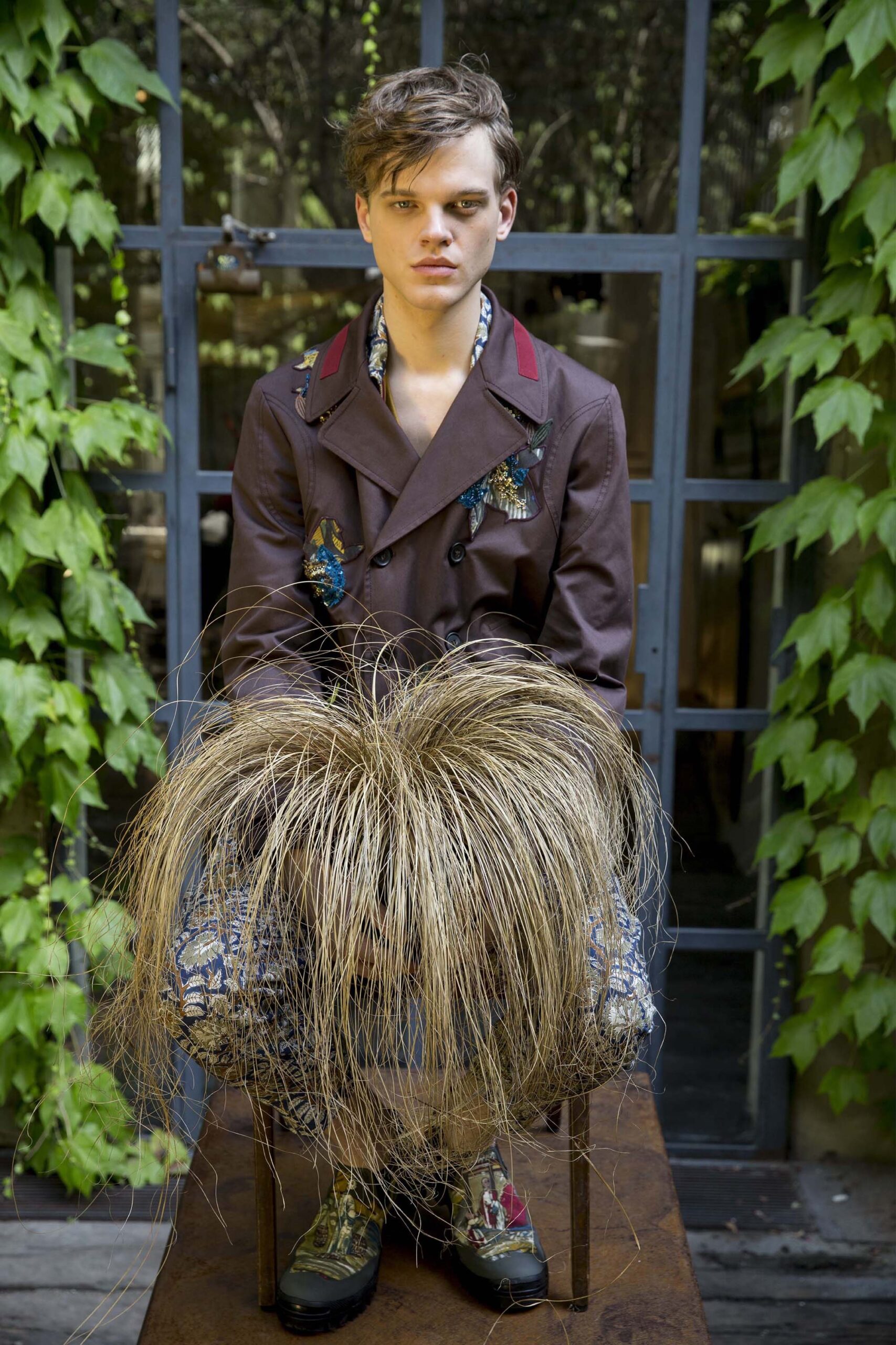 brown cotton long-sleeve collared structured buttoned embroidered jacket