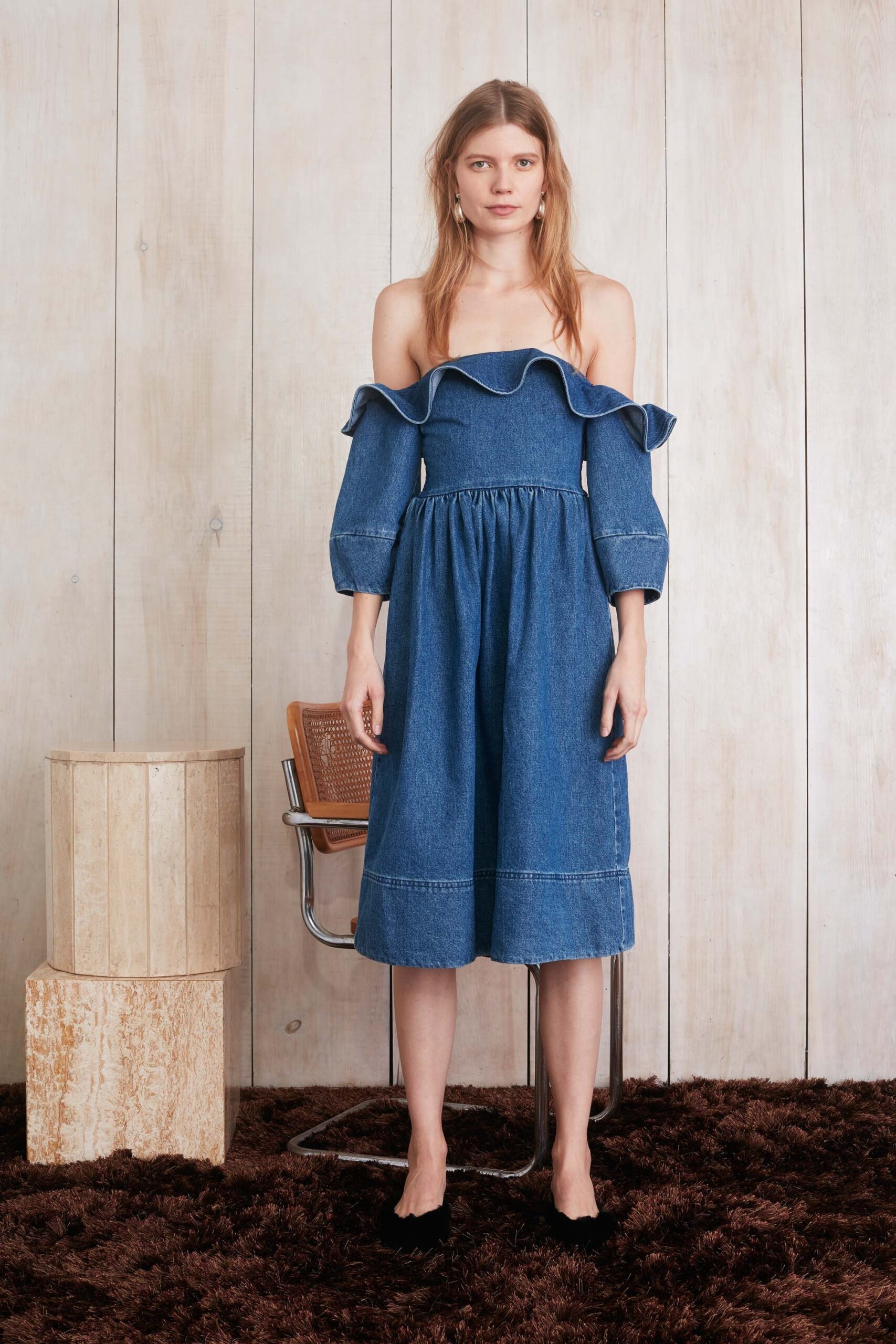 blue denim off-shoulder dress