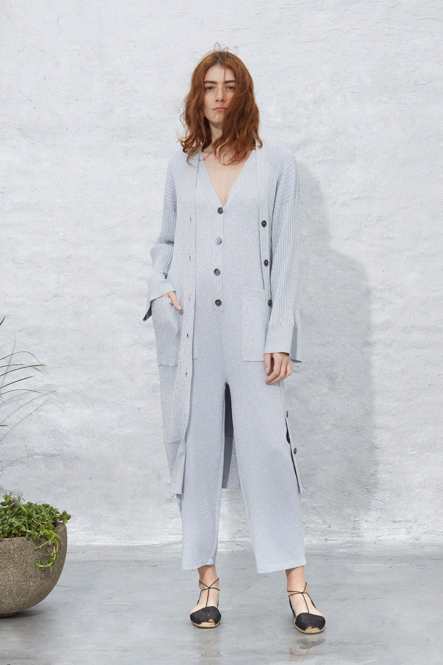 gray cotton sleeveless v-neck fitted straight-leg jumpsuit