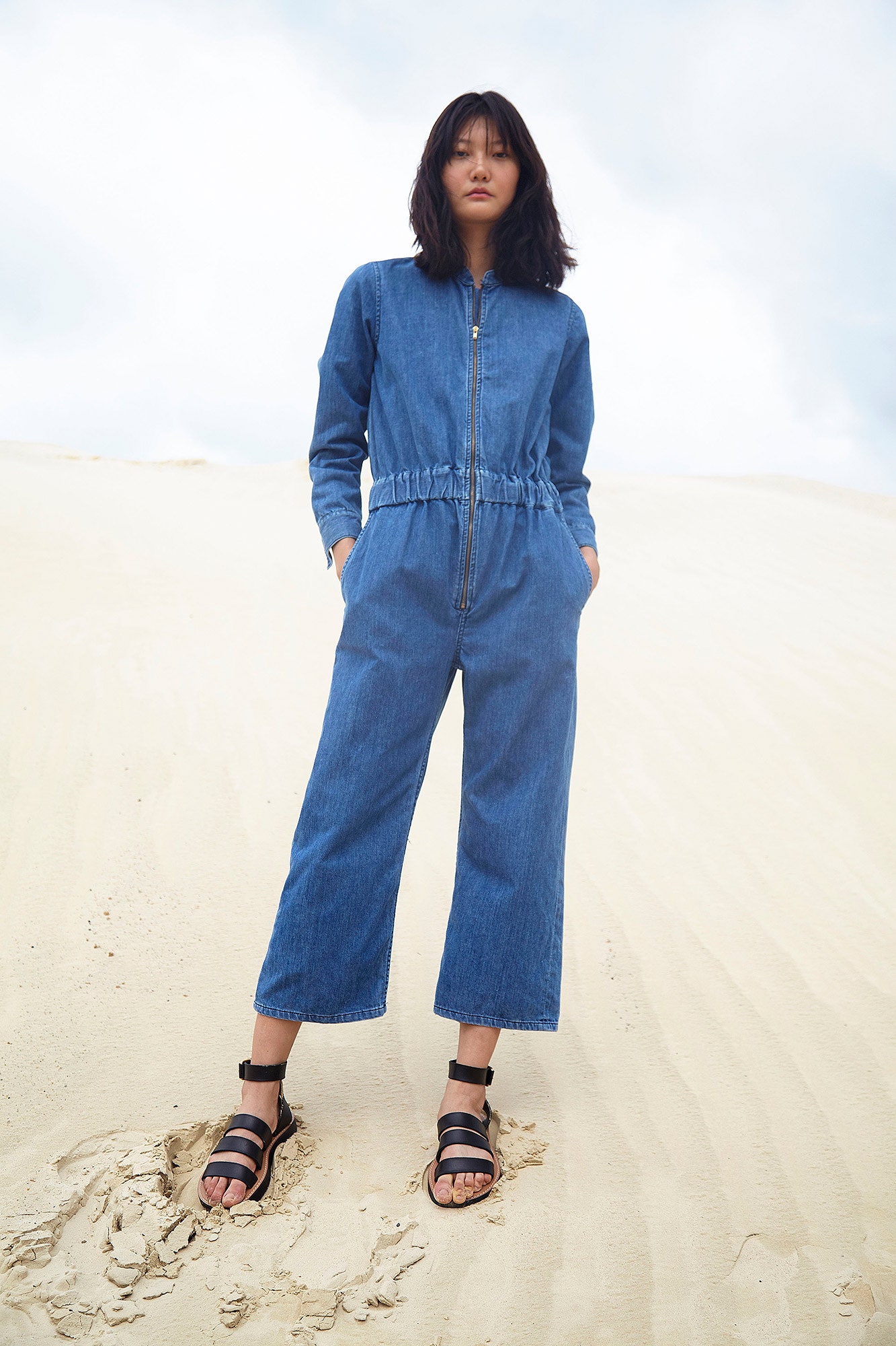 blue denim long-sleeve collared fitted zippered pockets jumpsuit
