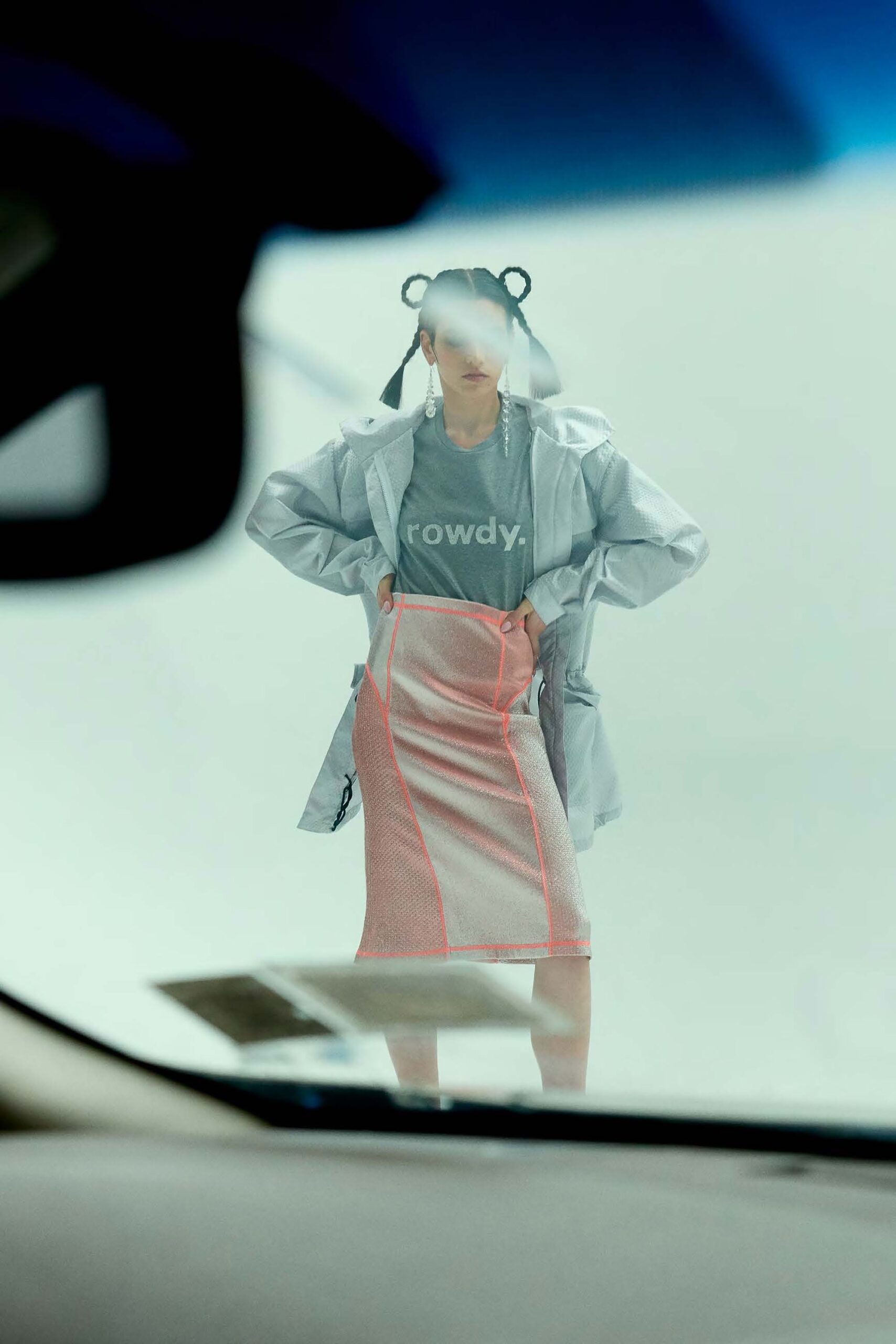 gray jacket with pink pencil skirt