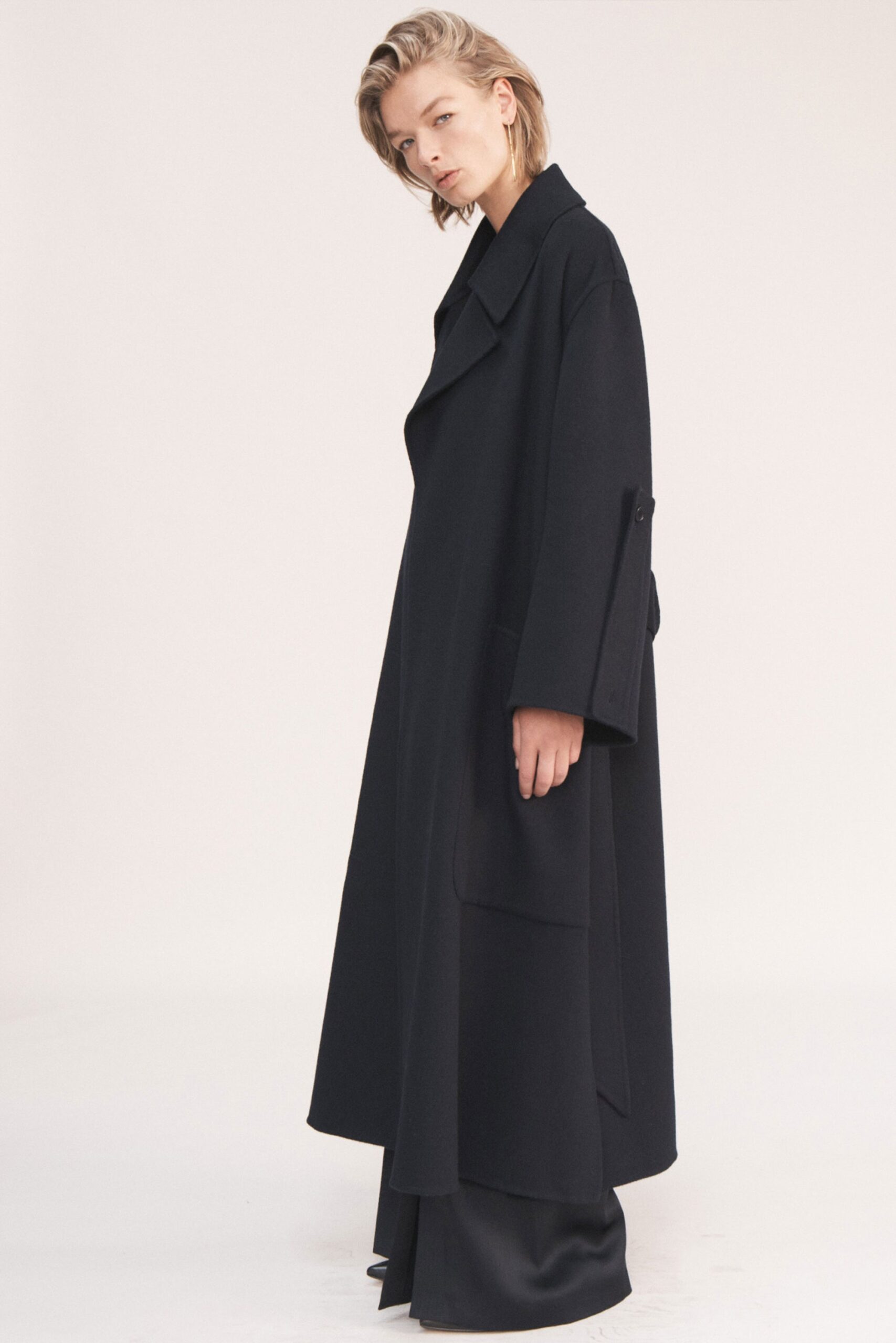 black oversized wool coat and pants