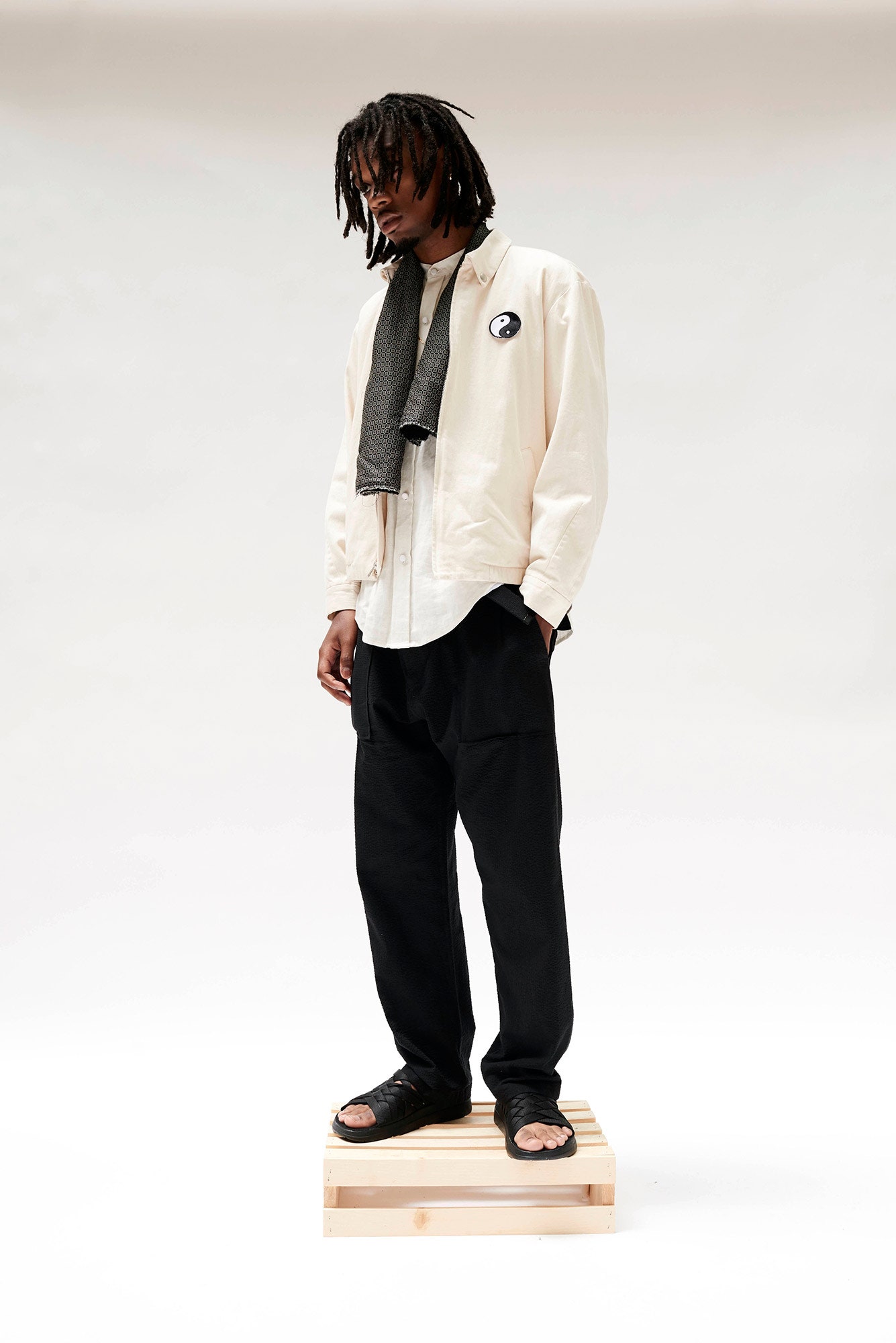 white cotton jacket with black pants