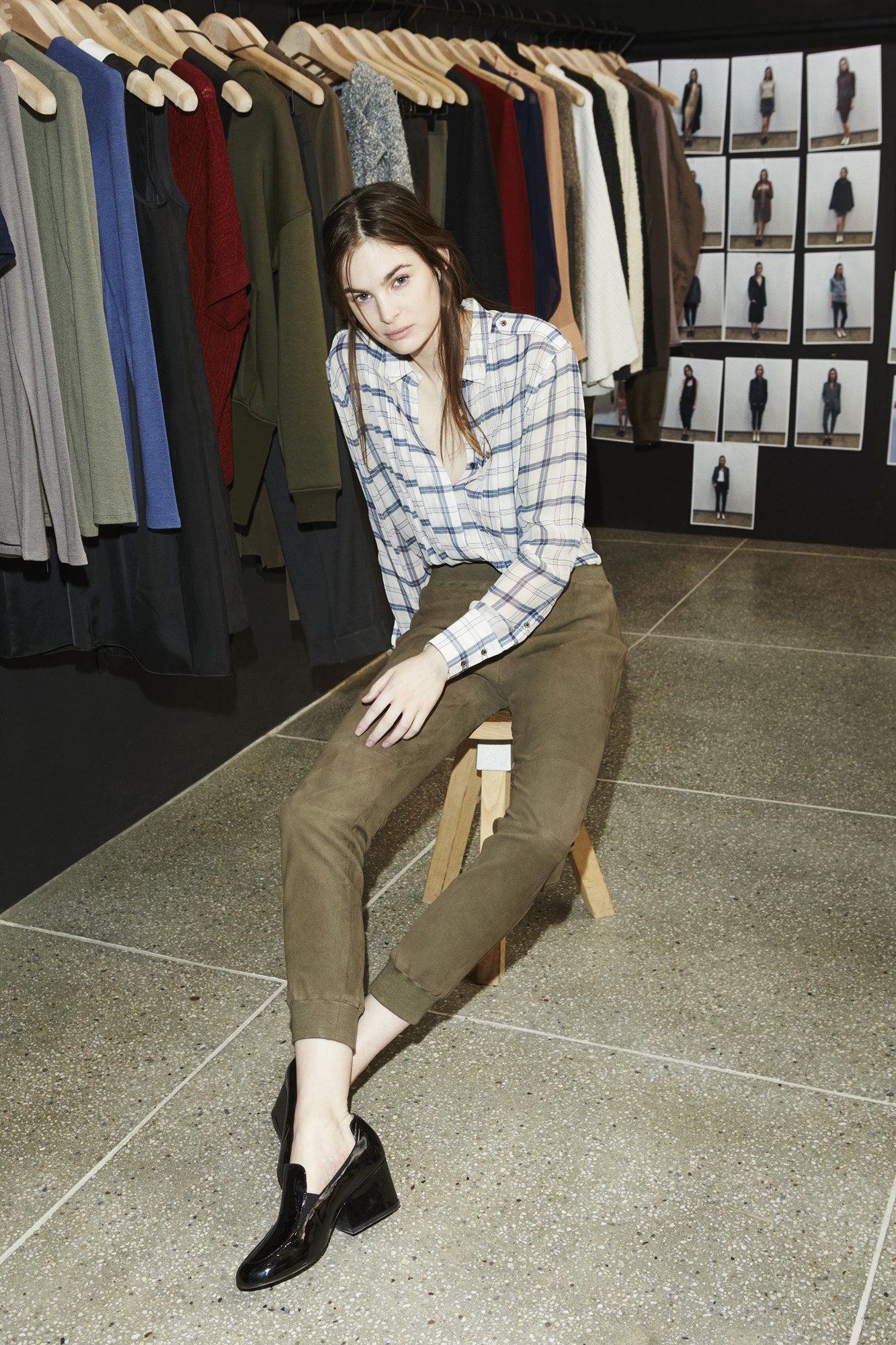 brown suede fitted straight-leg pants