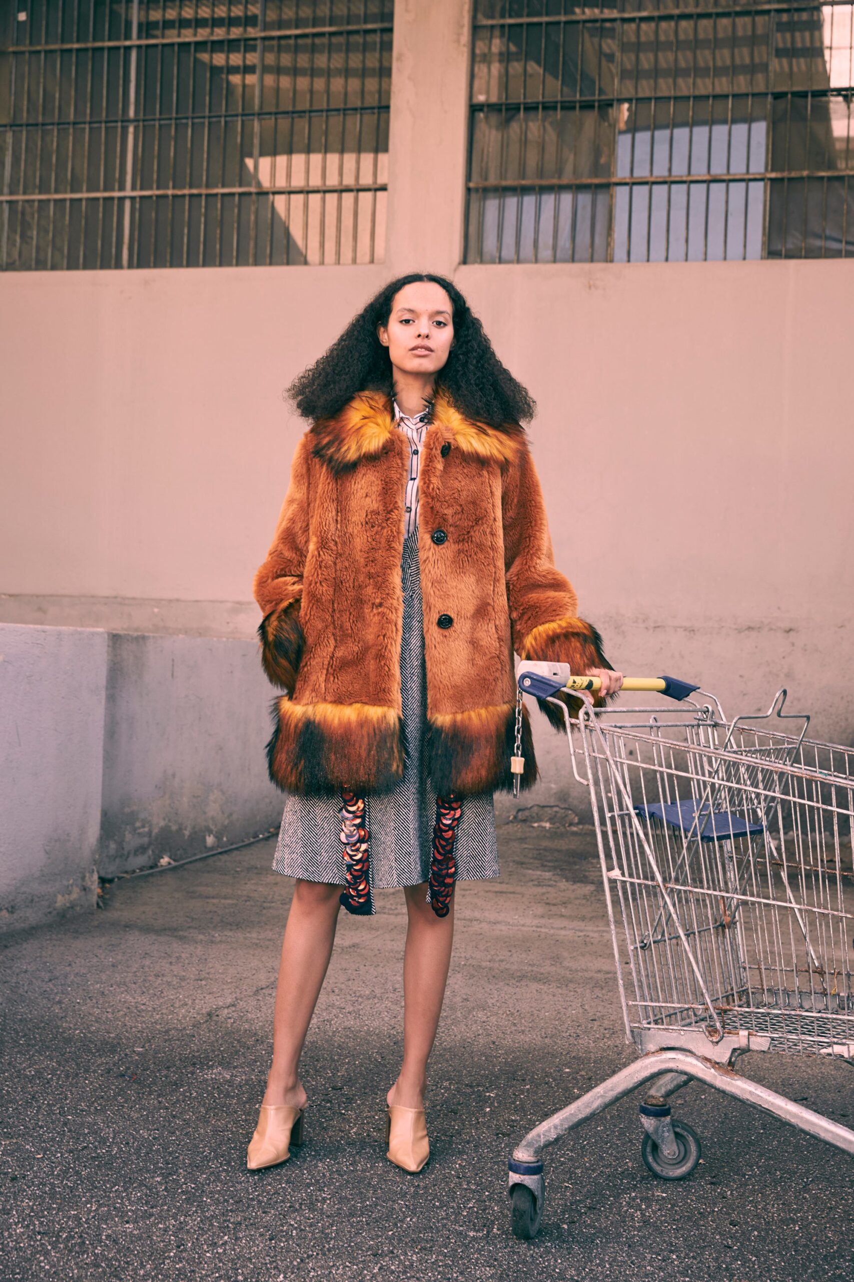 brown fur coat gray dress