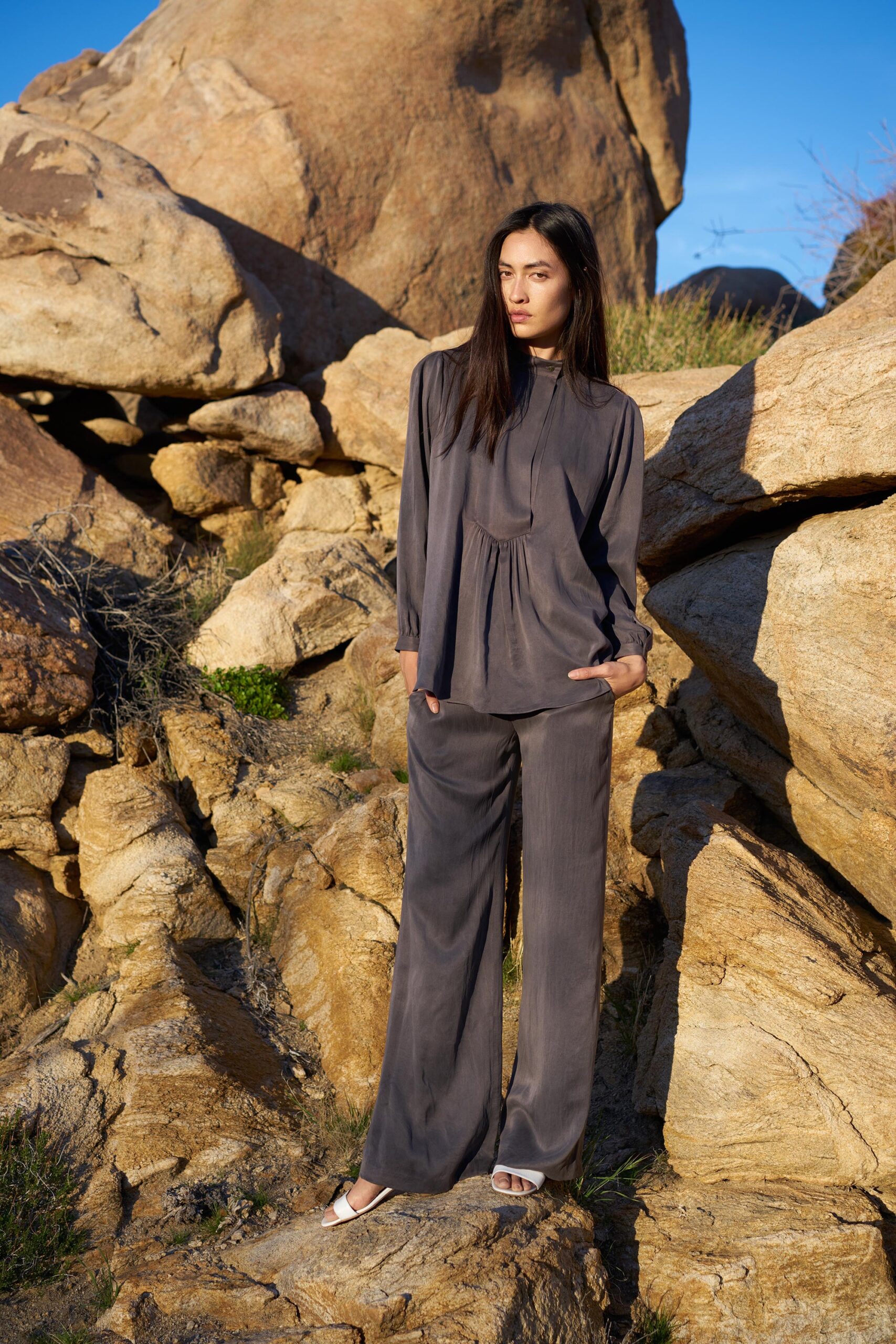 gray silk long-sleeve collared relaxed pleated top