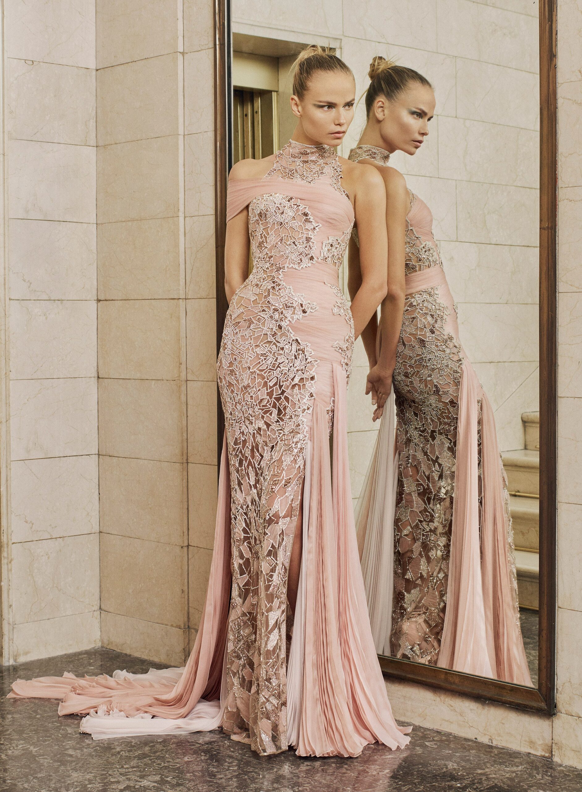 pink silk embroidered gown