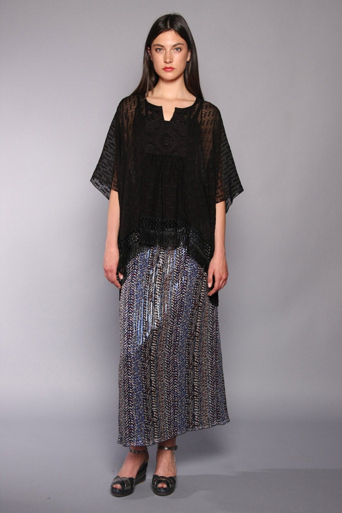 black embroidered top with multi skirt