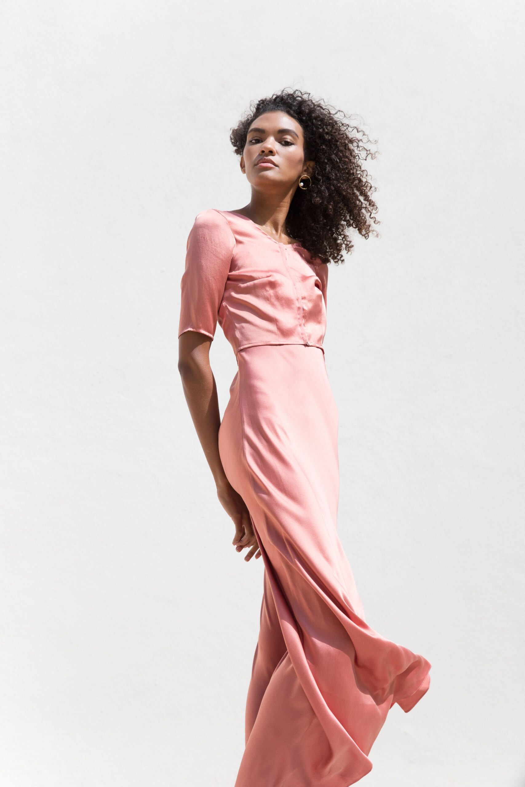 pink silk fitted dress