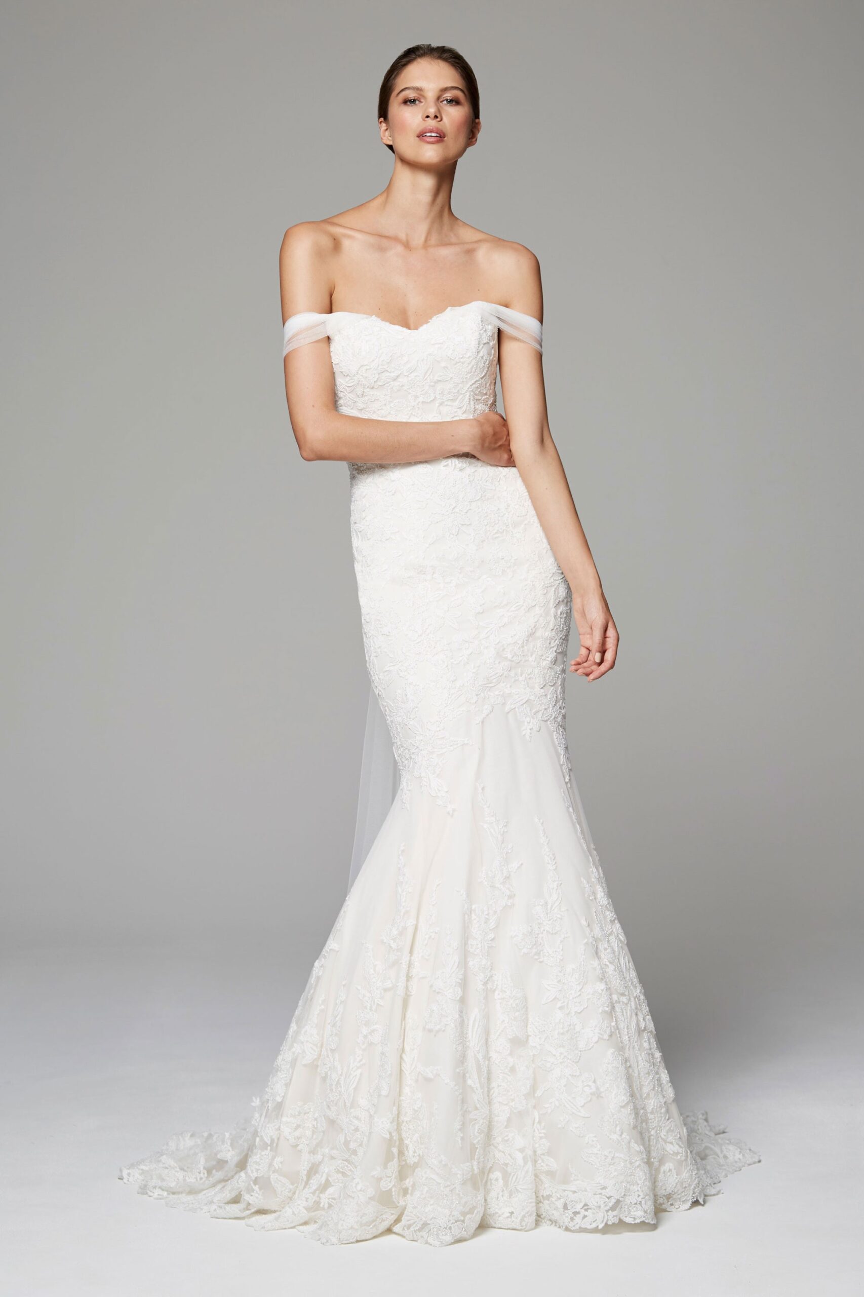 white lace strapless gown