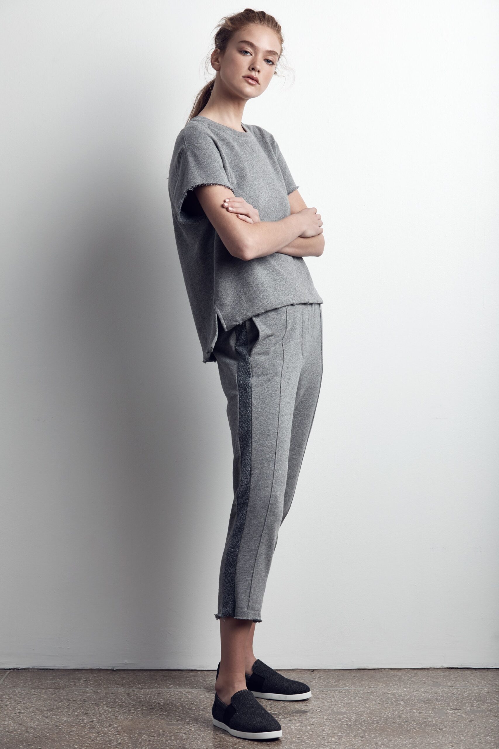 gray wool relaxed top and slim pants
