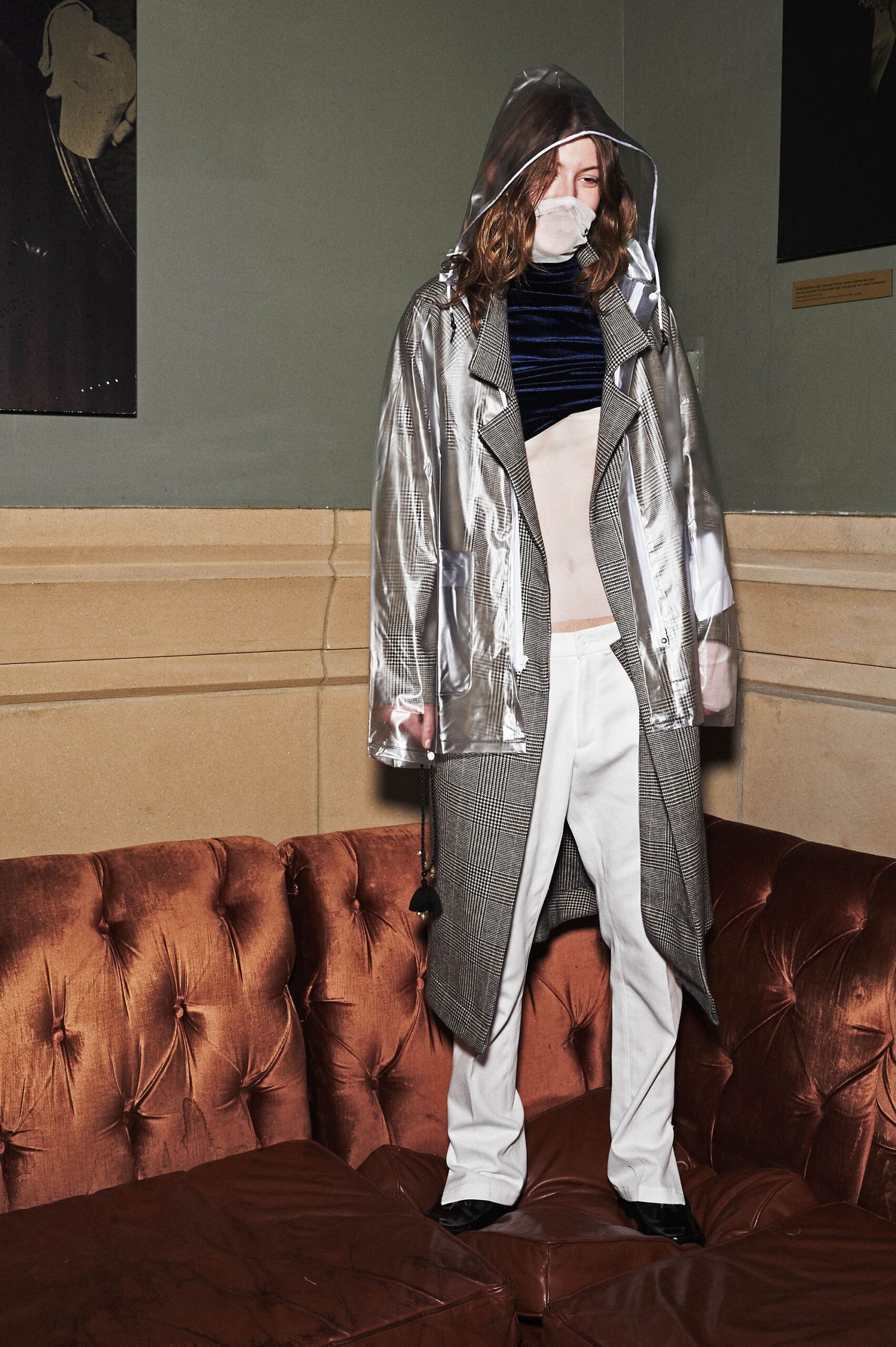 gray vinyl long-sleeve hooded relaxed zippered shiny coat