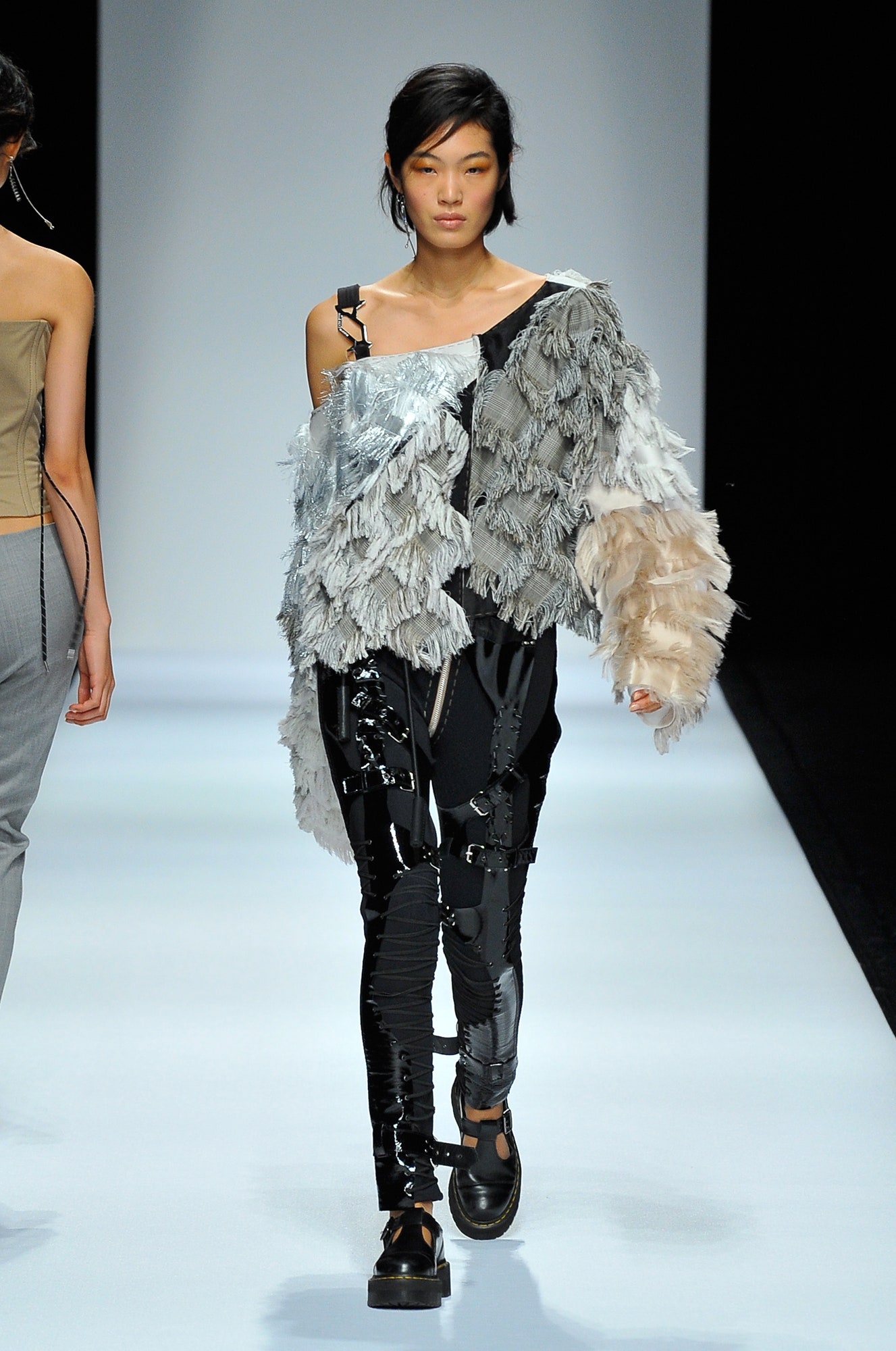 gray fur long-sleeve relaxed fringed top