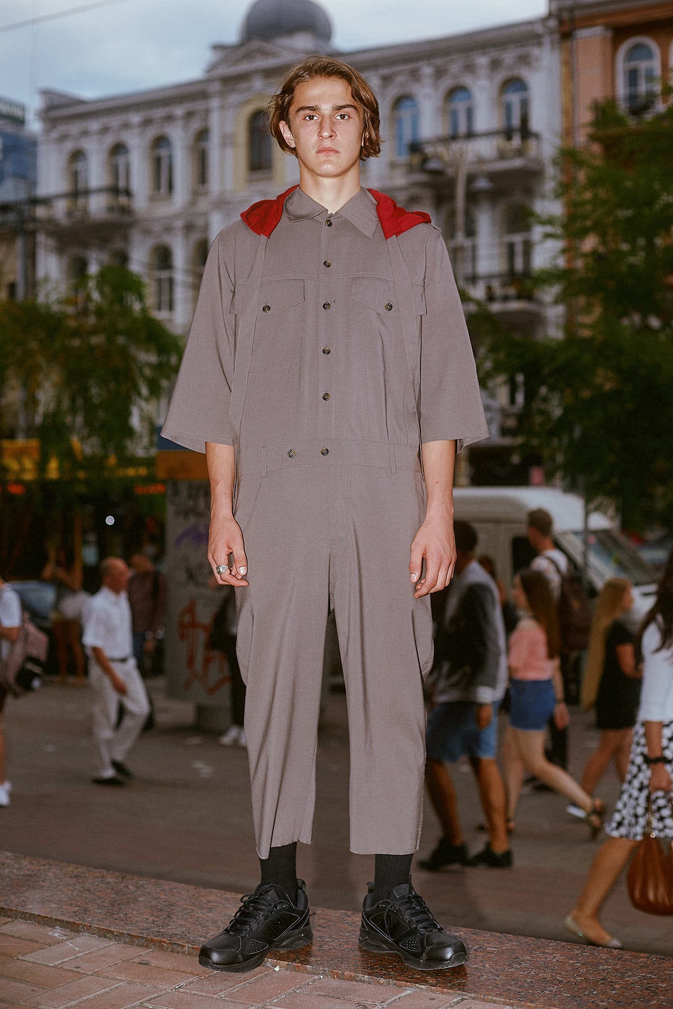 gray cotton short-sleeve collared relaxed zippered pockets jumpsuit