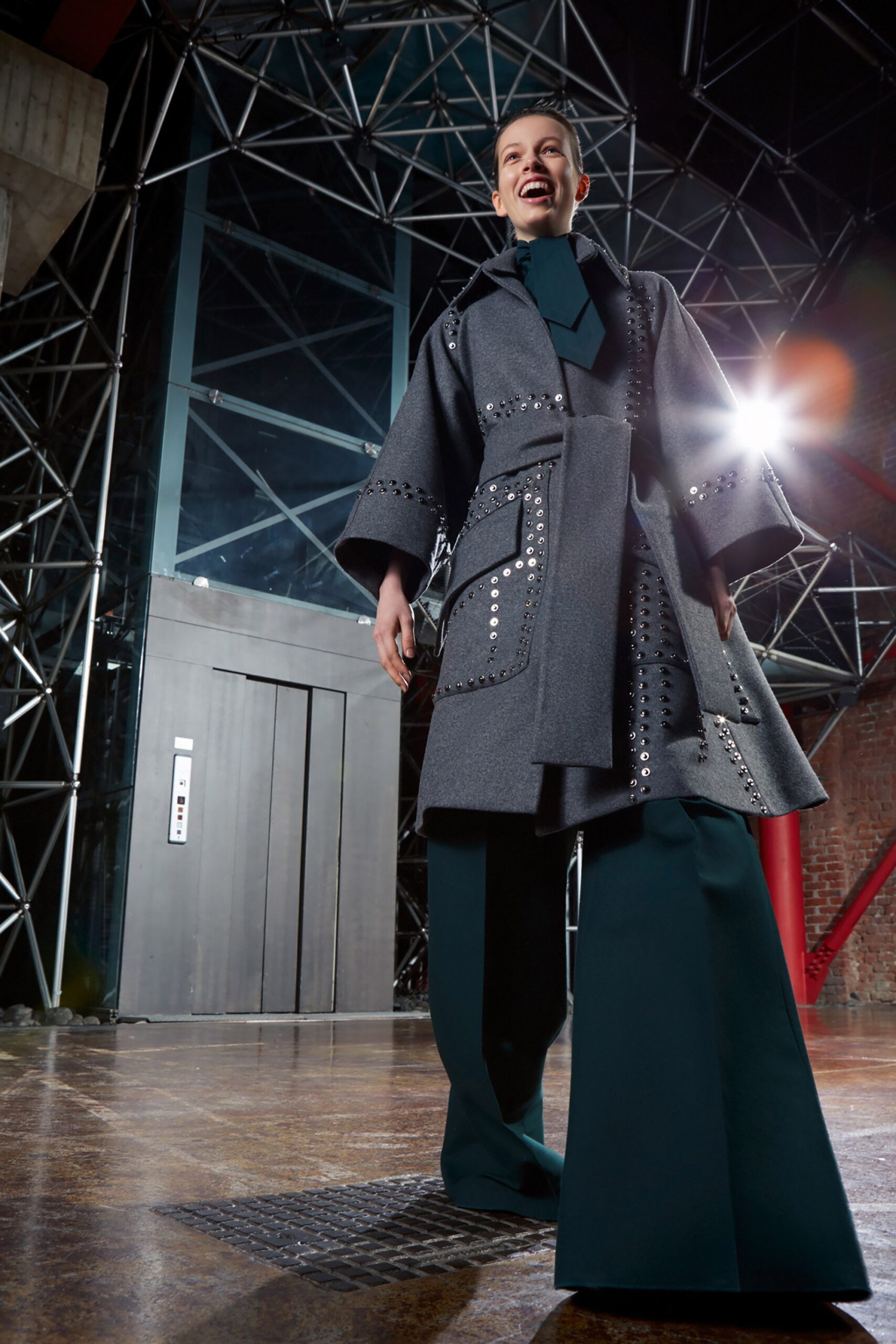teal wool tailored wide-leg pants