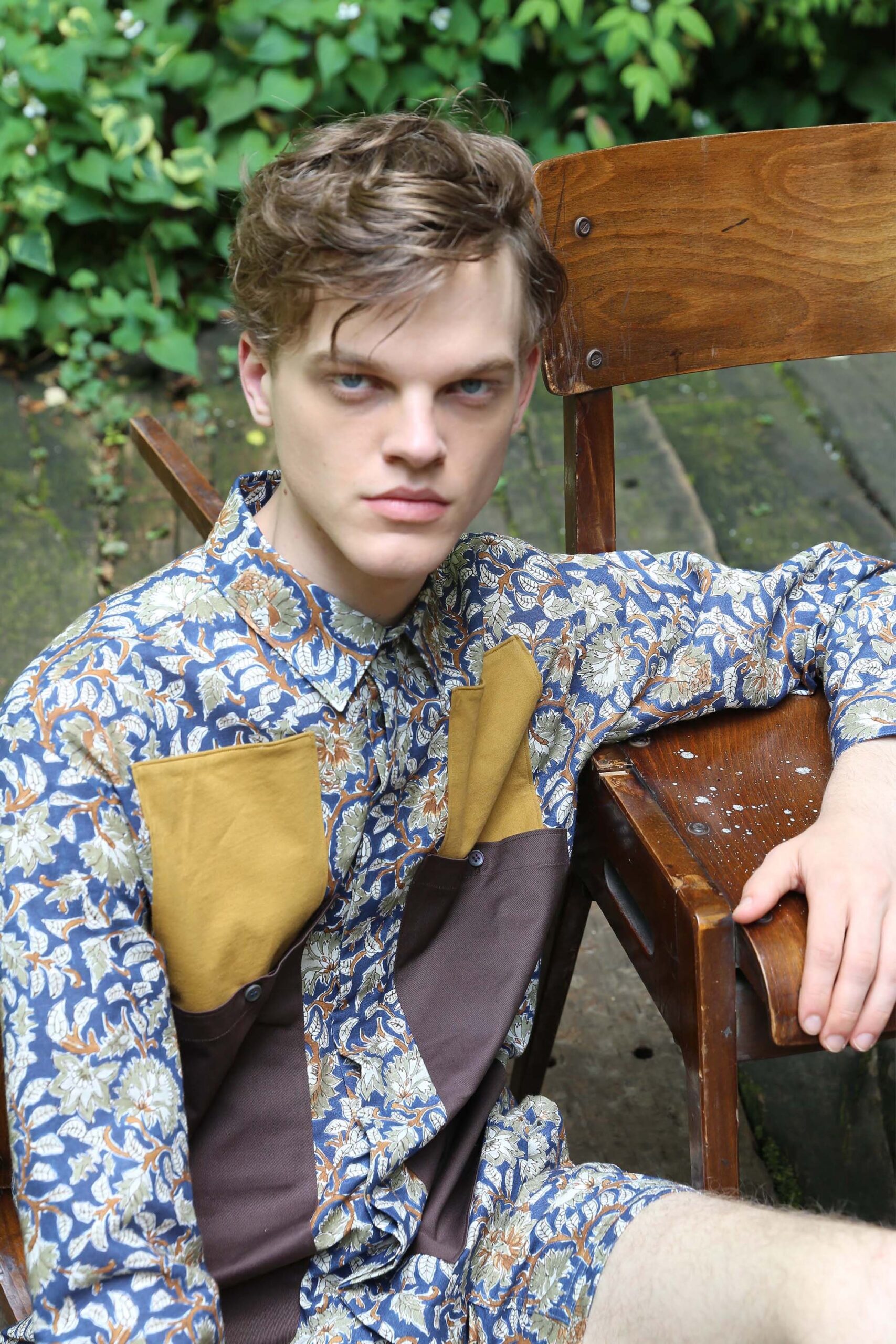 printed blue and brown shirt with shorts