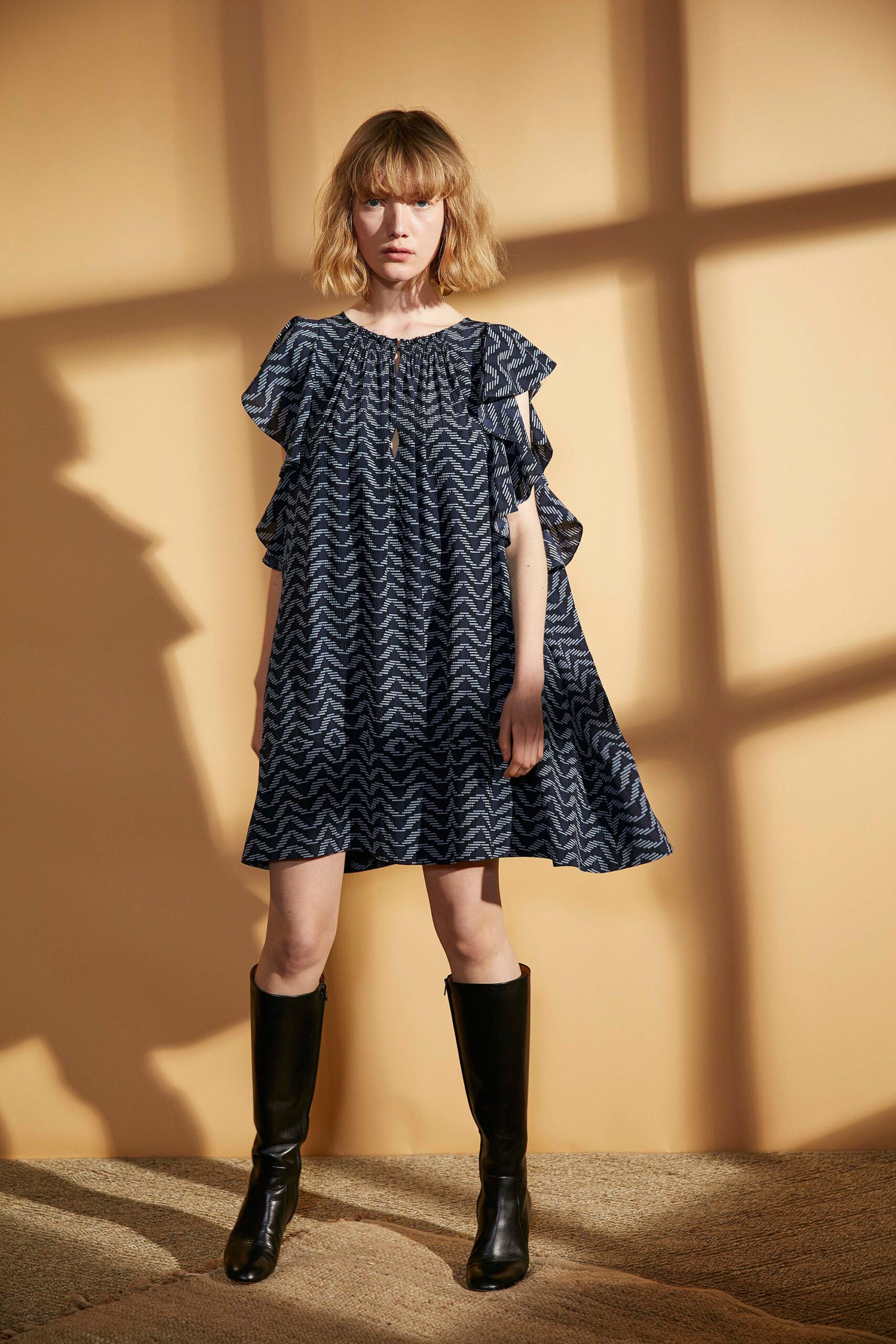 blue cotton sleeveless off-shoulder relaxed flared mini dress