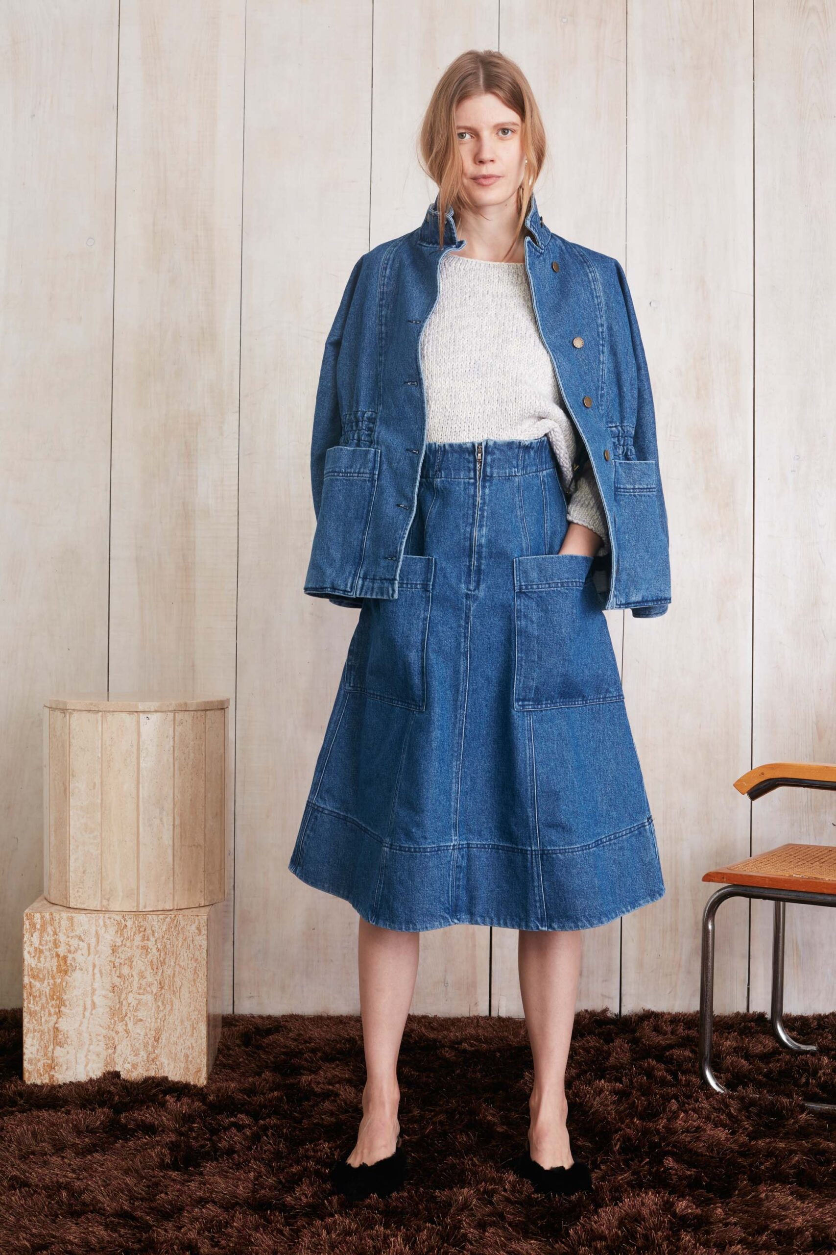 blue denim oversized jacket and skirt