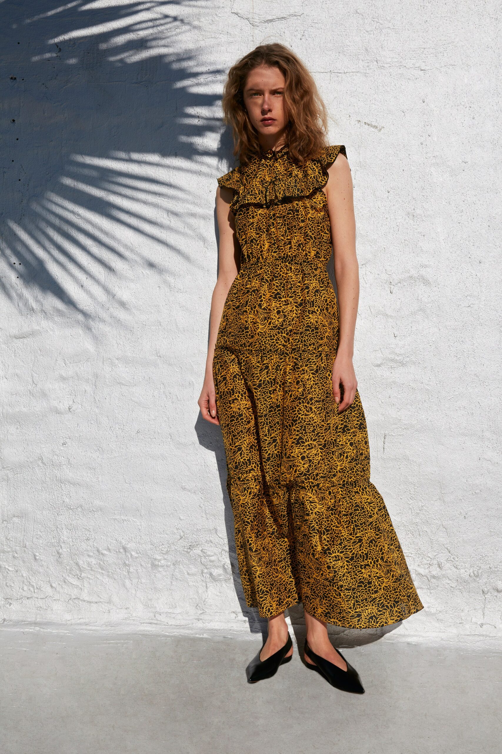 yellow and black printed maxi dress