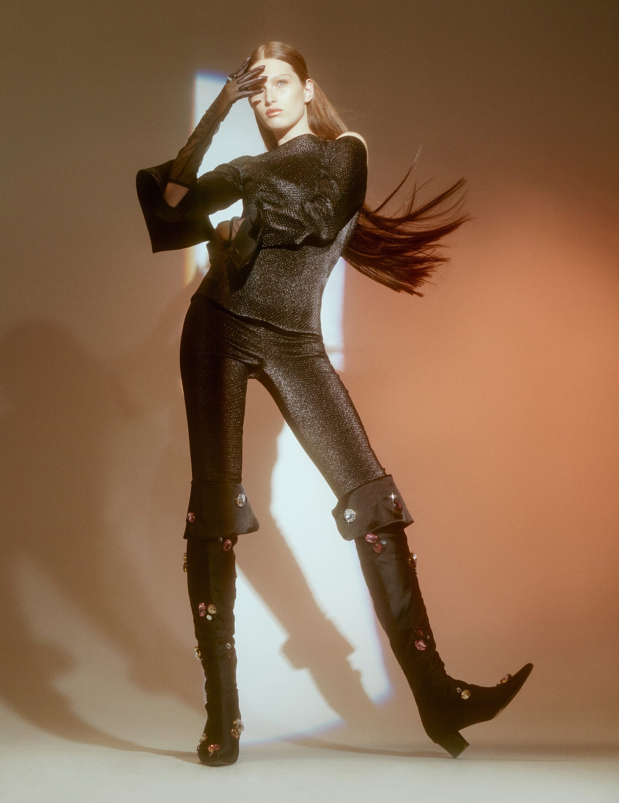 black metallic fitted top and pants