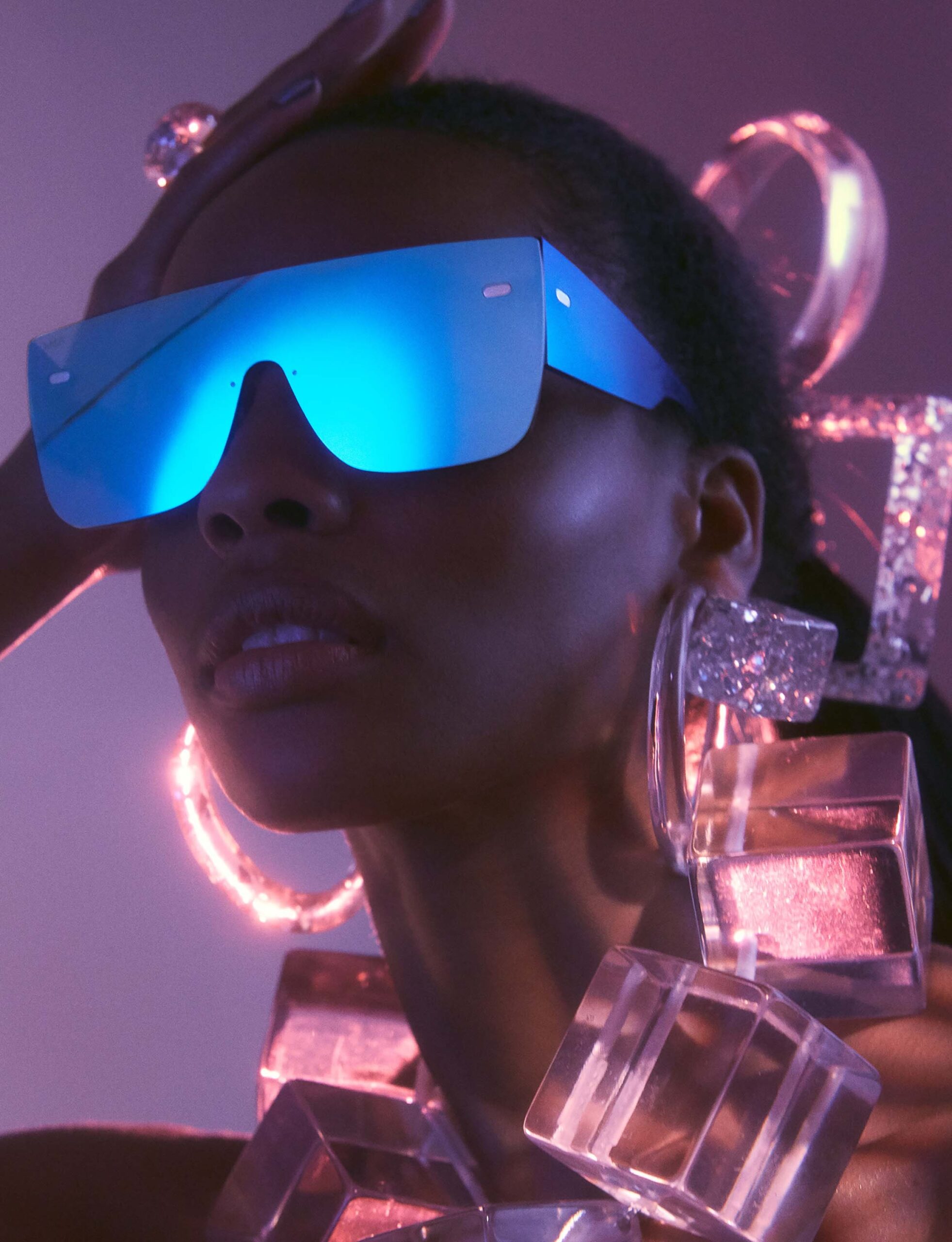 blue vinyl fitted shiny sunglasses