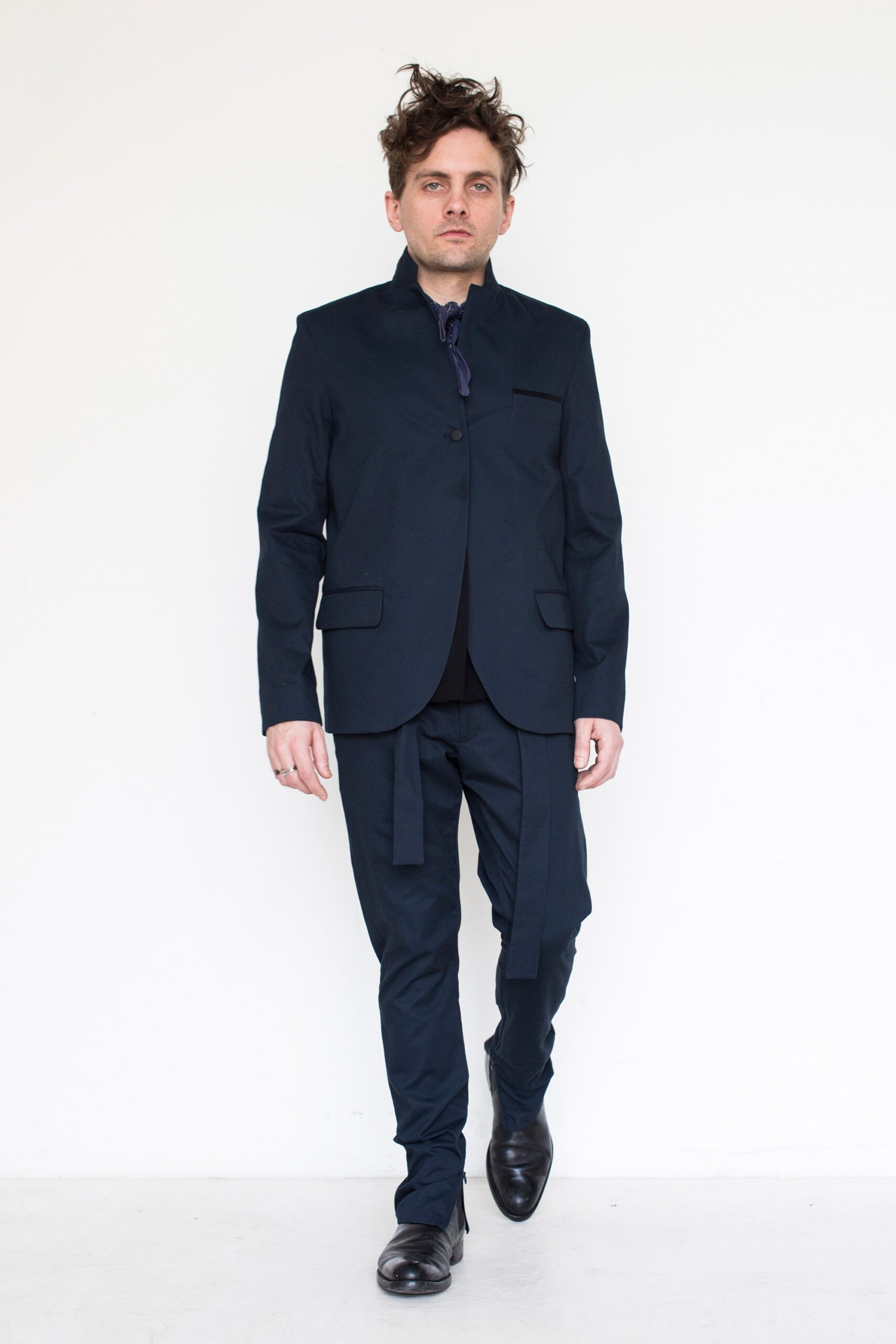blue tailored blazer and slim pants