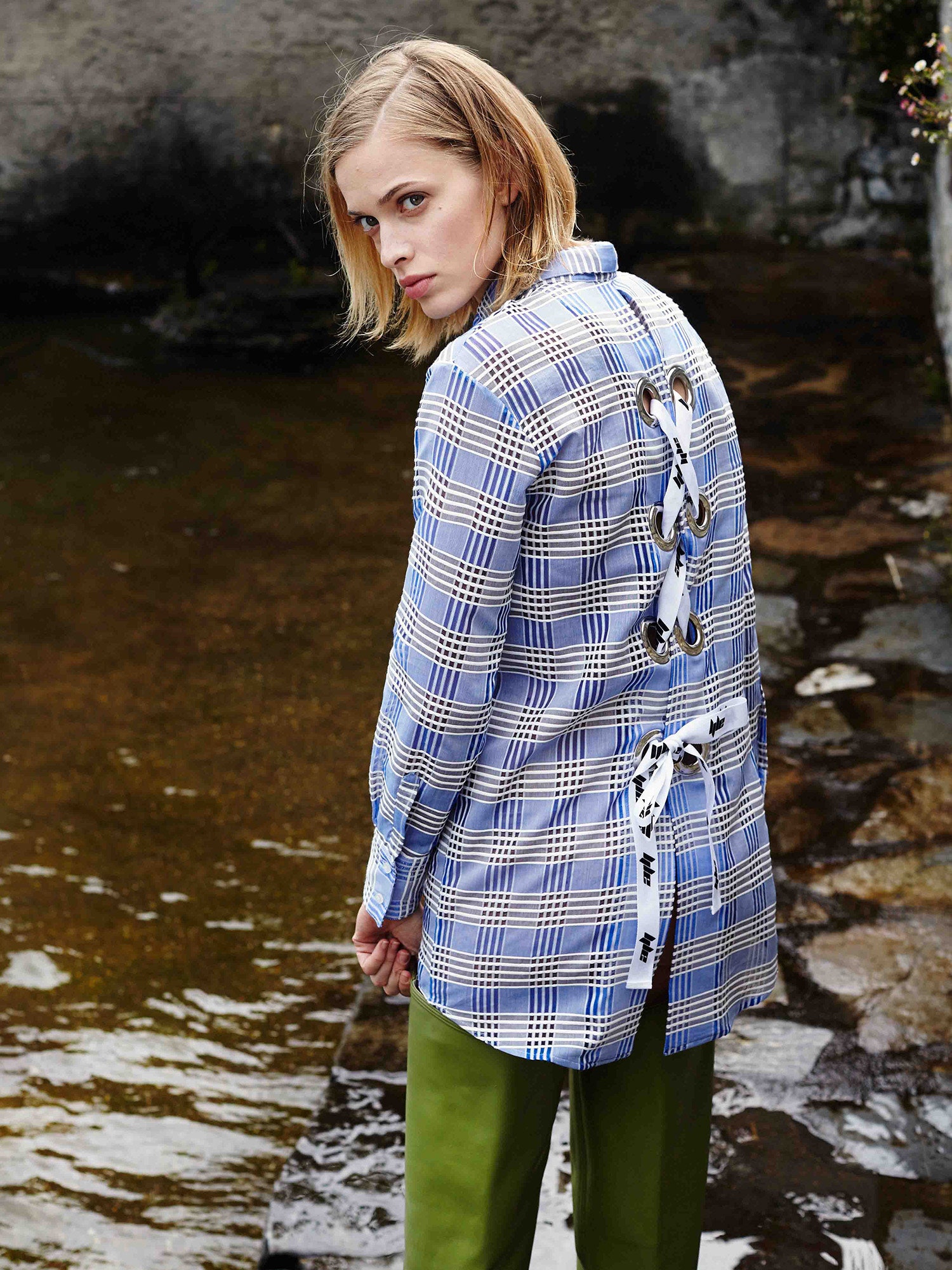 blue checked shirt with green pants