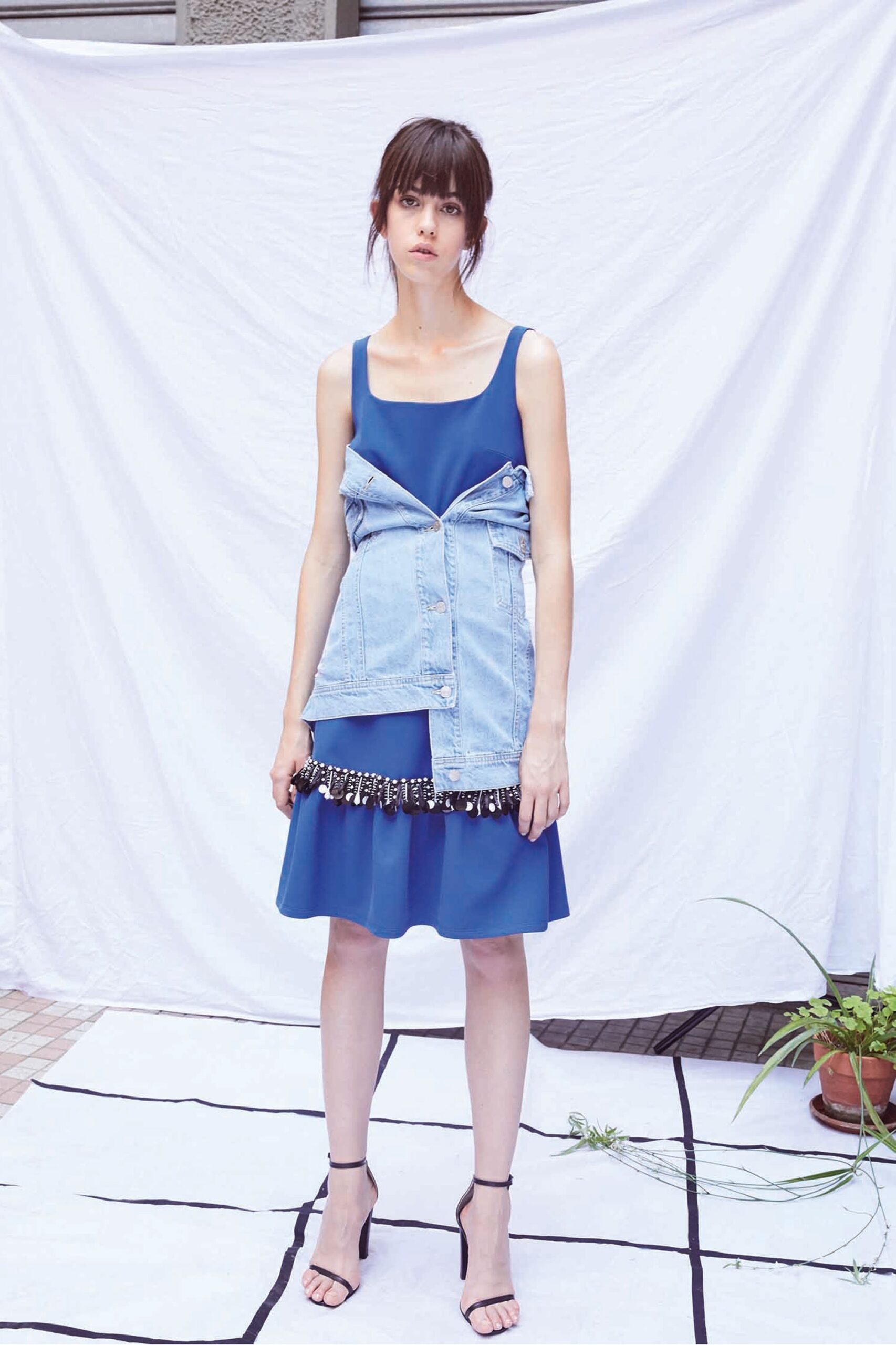 blue mini dress with denim jacket
