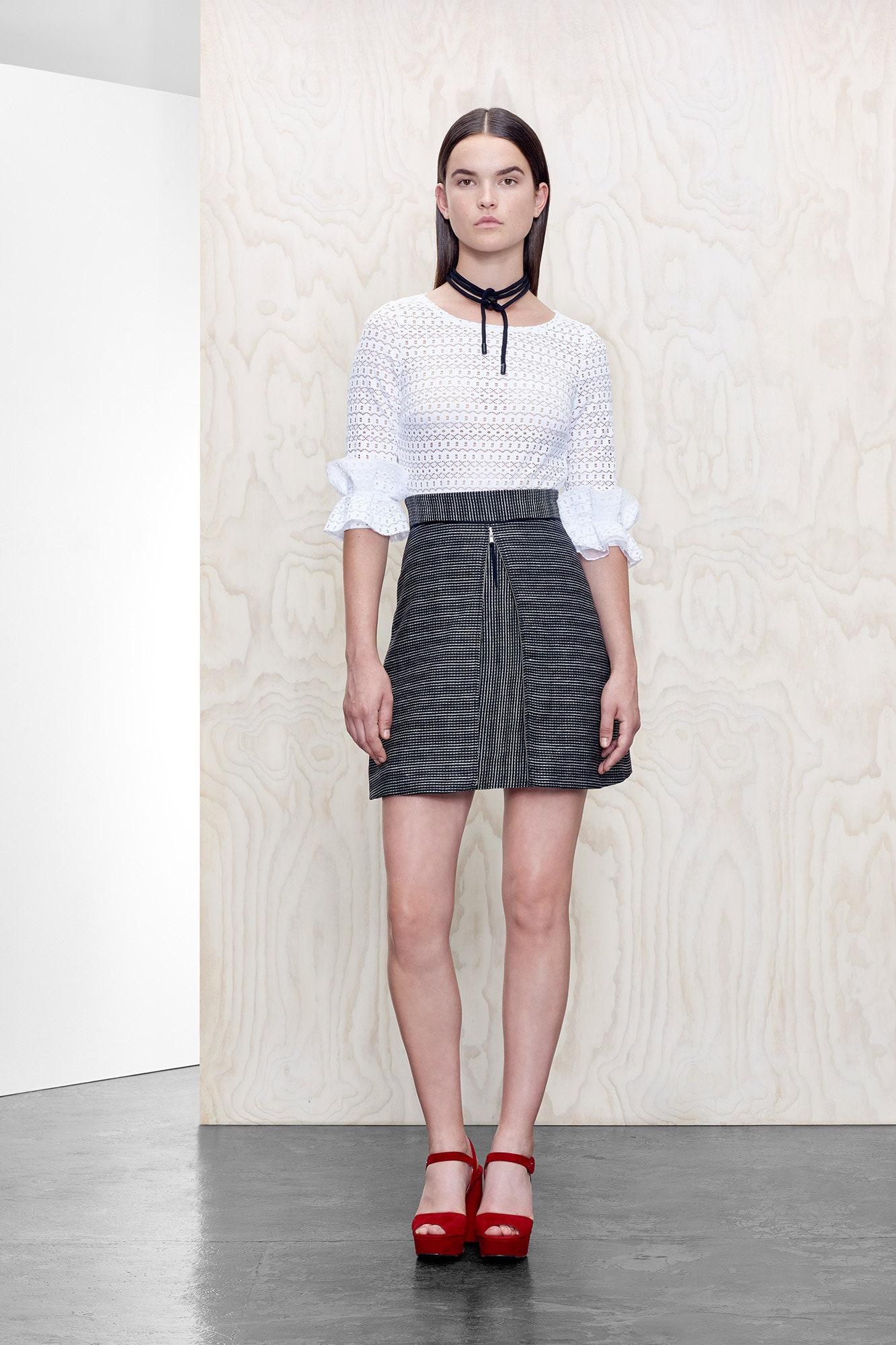 white lace long-sleeve collared fitted ruffled top