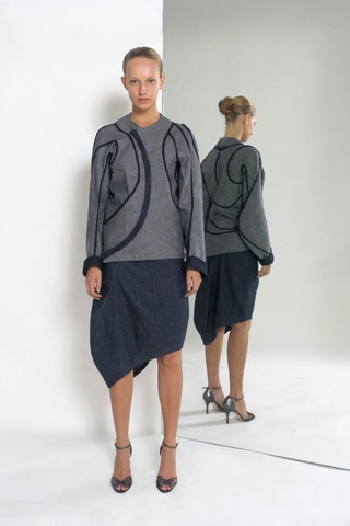 blue denim asymmetric fitted tiered skirt