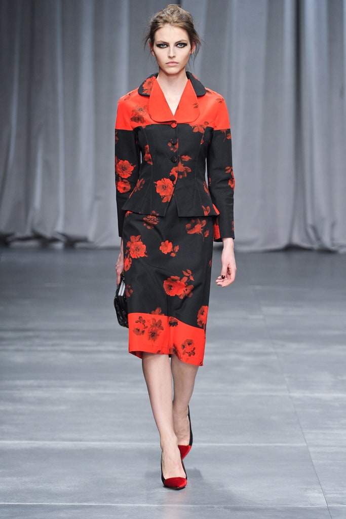 floral black and red blazer and skirt