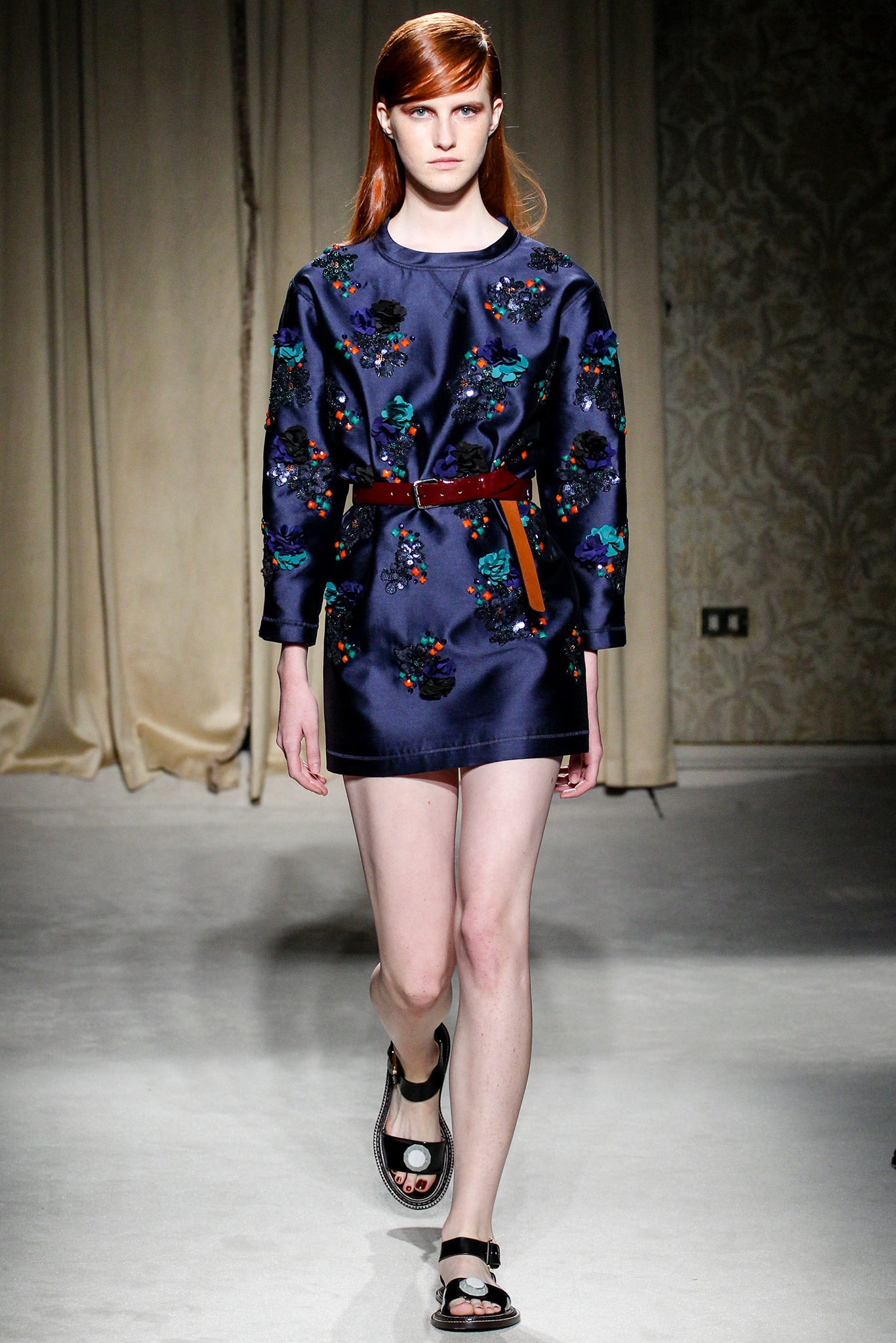 blue silk long-sleeve collared fitted embroidered short dress