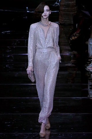 pink silk long-sleeve v-neck fitted sequined shiny jumpsuit